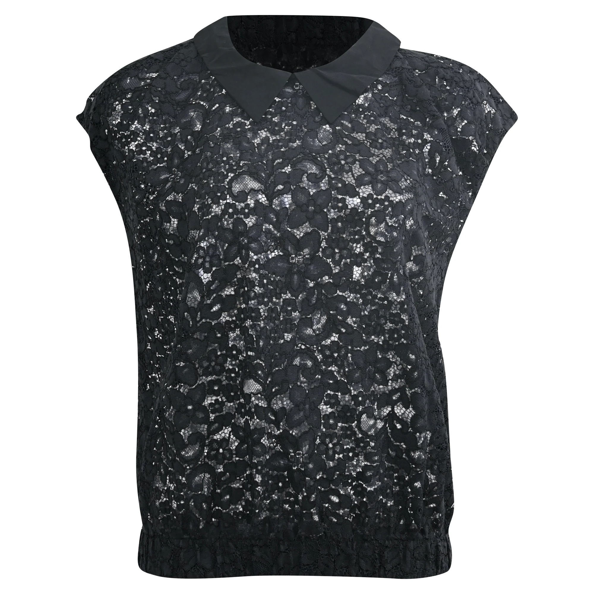 Women's Sandro Lace-Detailed Gartered Waist Blouse in Black Cotton