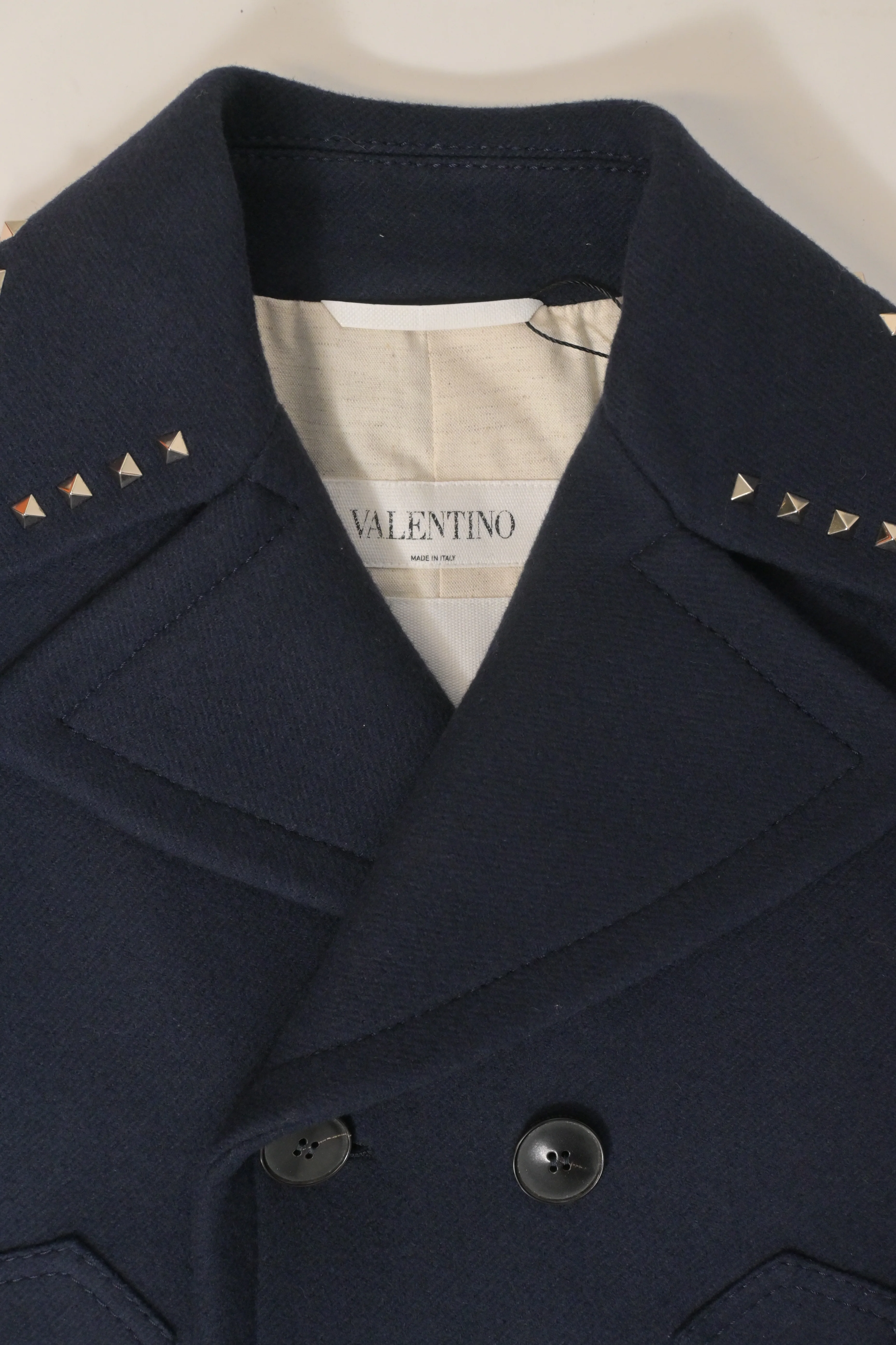 Men's Valentino Garavani Rockstud Double-Breasted Pea Coat in Navy Blue Wool - Image 9