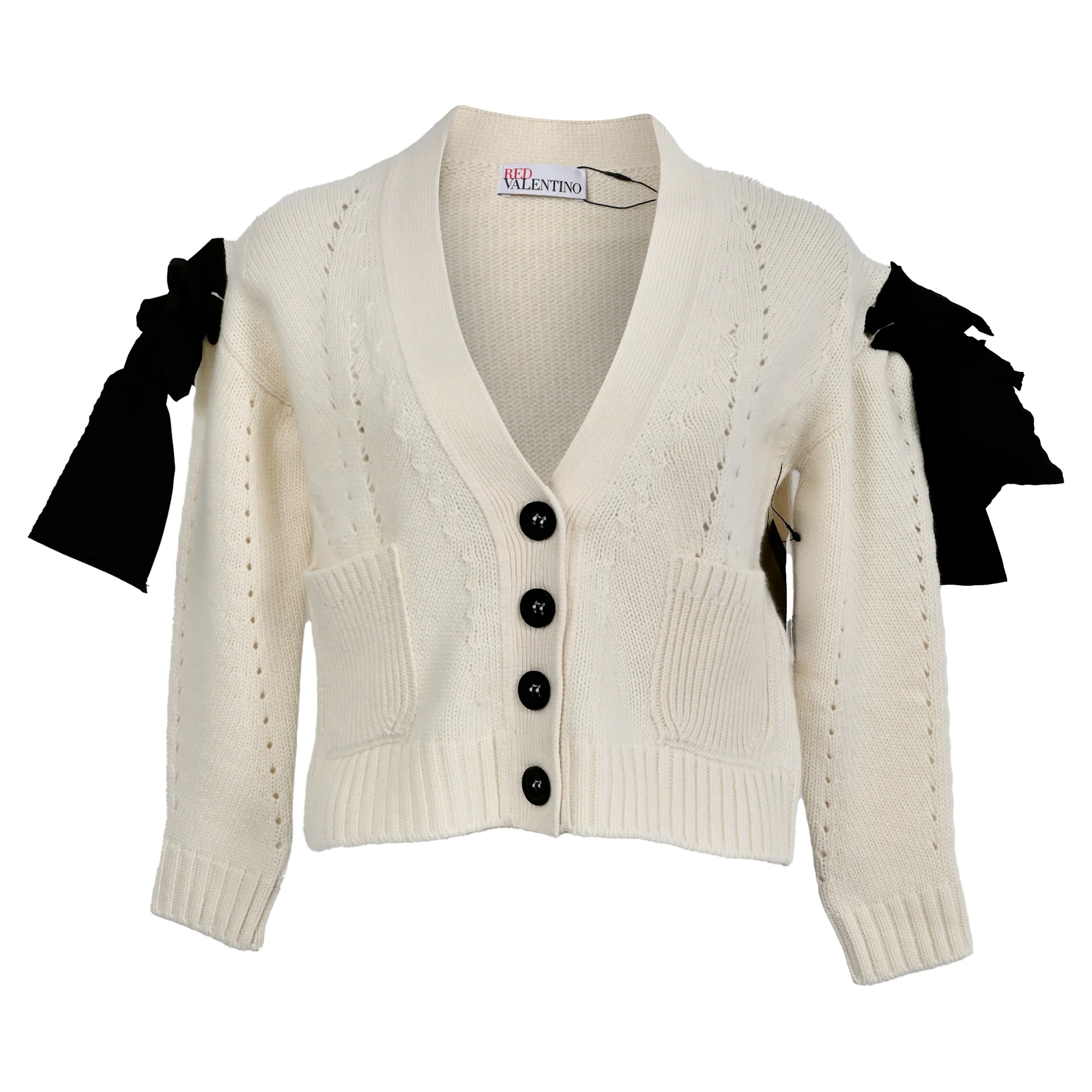 Women's RED Valentino Knitted Bow Accent Cardigan in Cream Wool