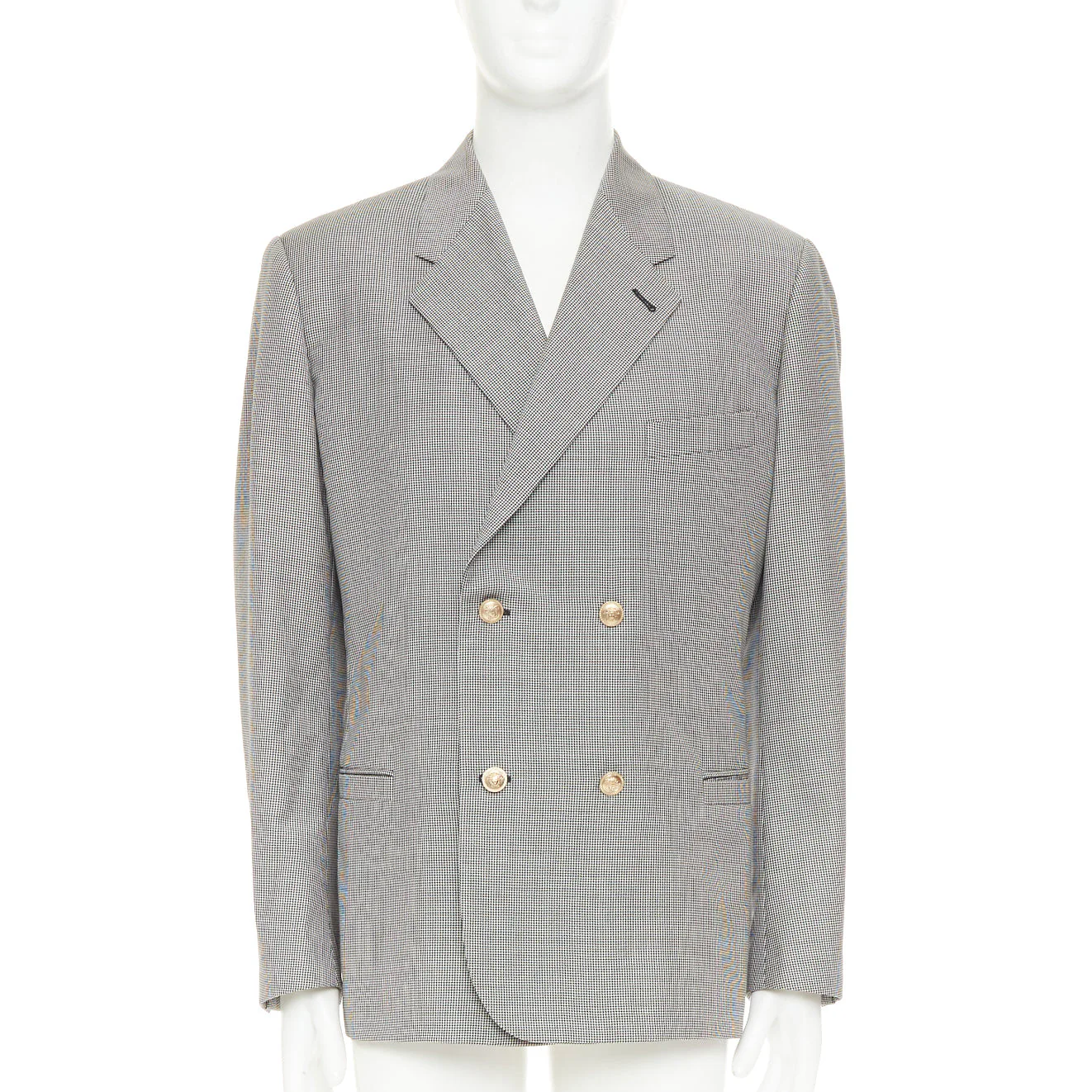 Men's VERSACE grey wool micro houndstooth gold Medusa double breasted blazer EU50 L