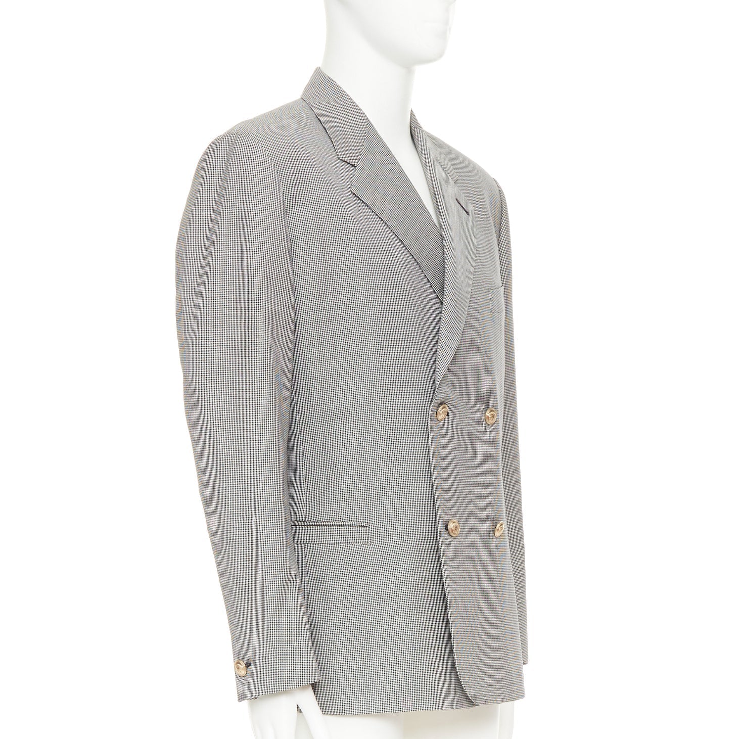 Men's VERSACE grey wool micro houndstooth gold Medusa double breasted blazer EU50 L - Image 3