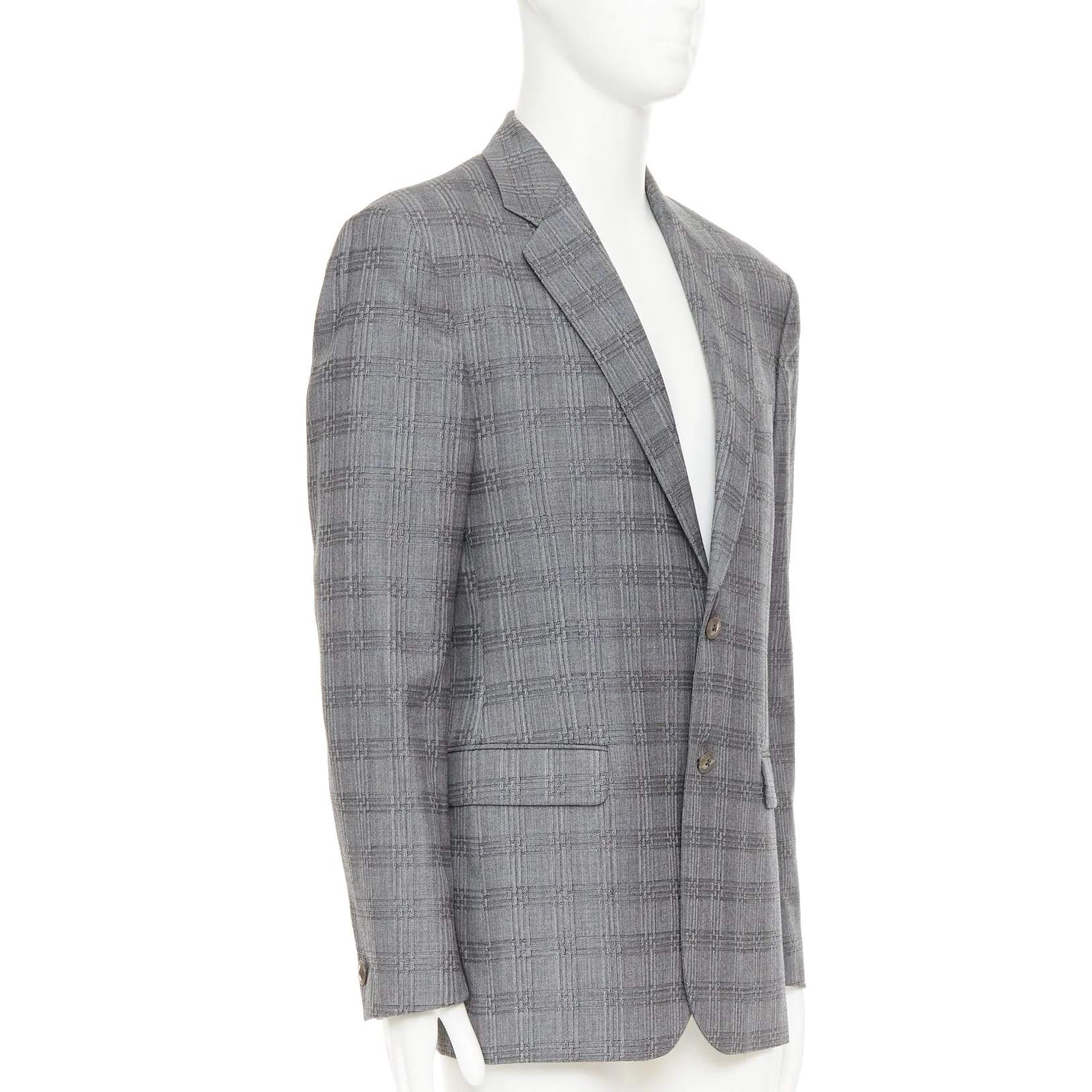 Men's VERSACE grey wool silk blend plaid checked 2 button notched lapel blazer EU50 L - Image 3