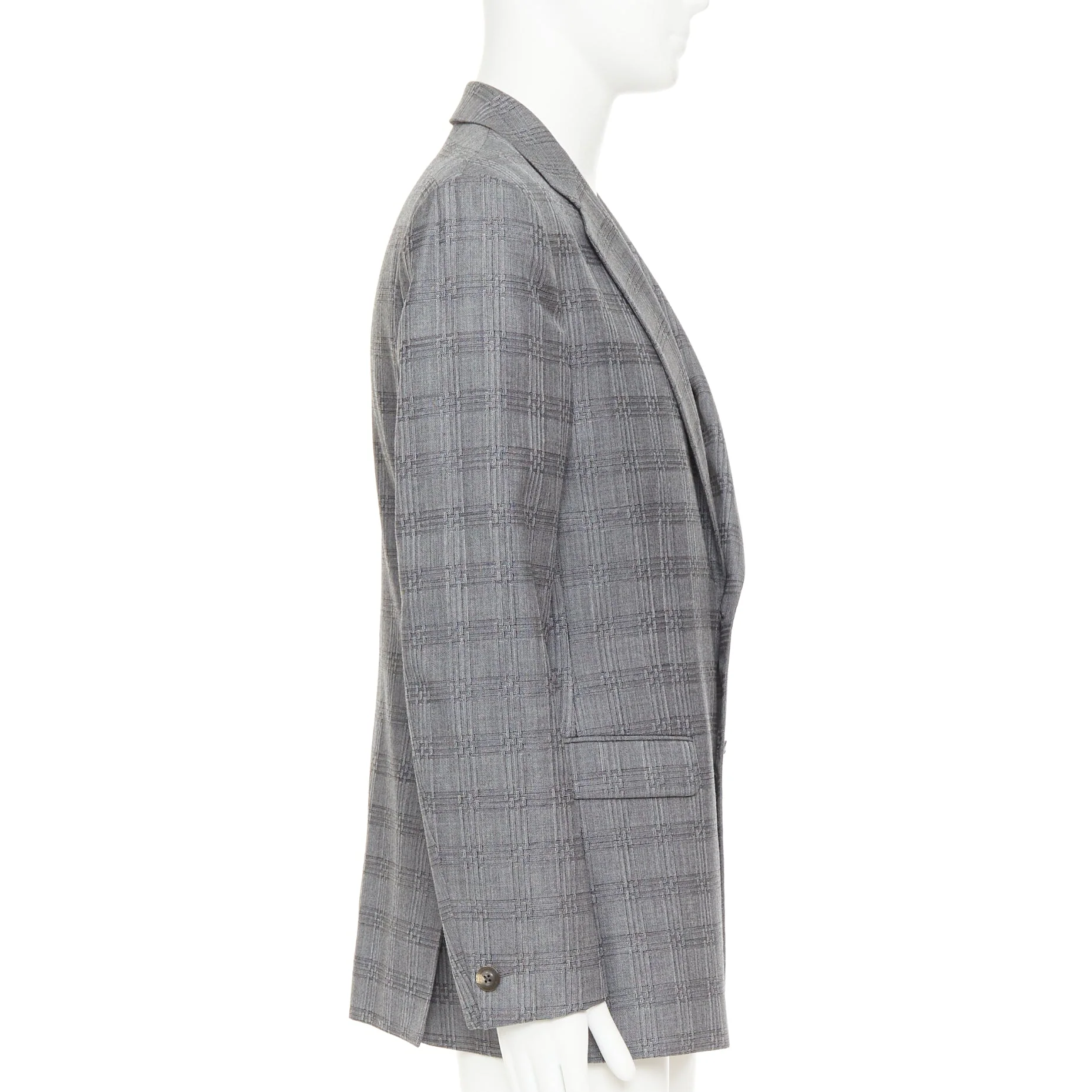 Men's VERSACE grey wool silk blend plaid checked 2 button notched lapel blazer EU50 L - Image 4