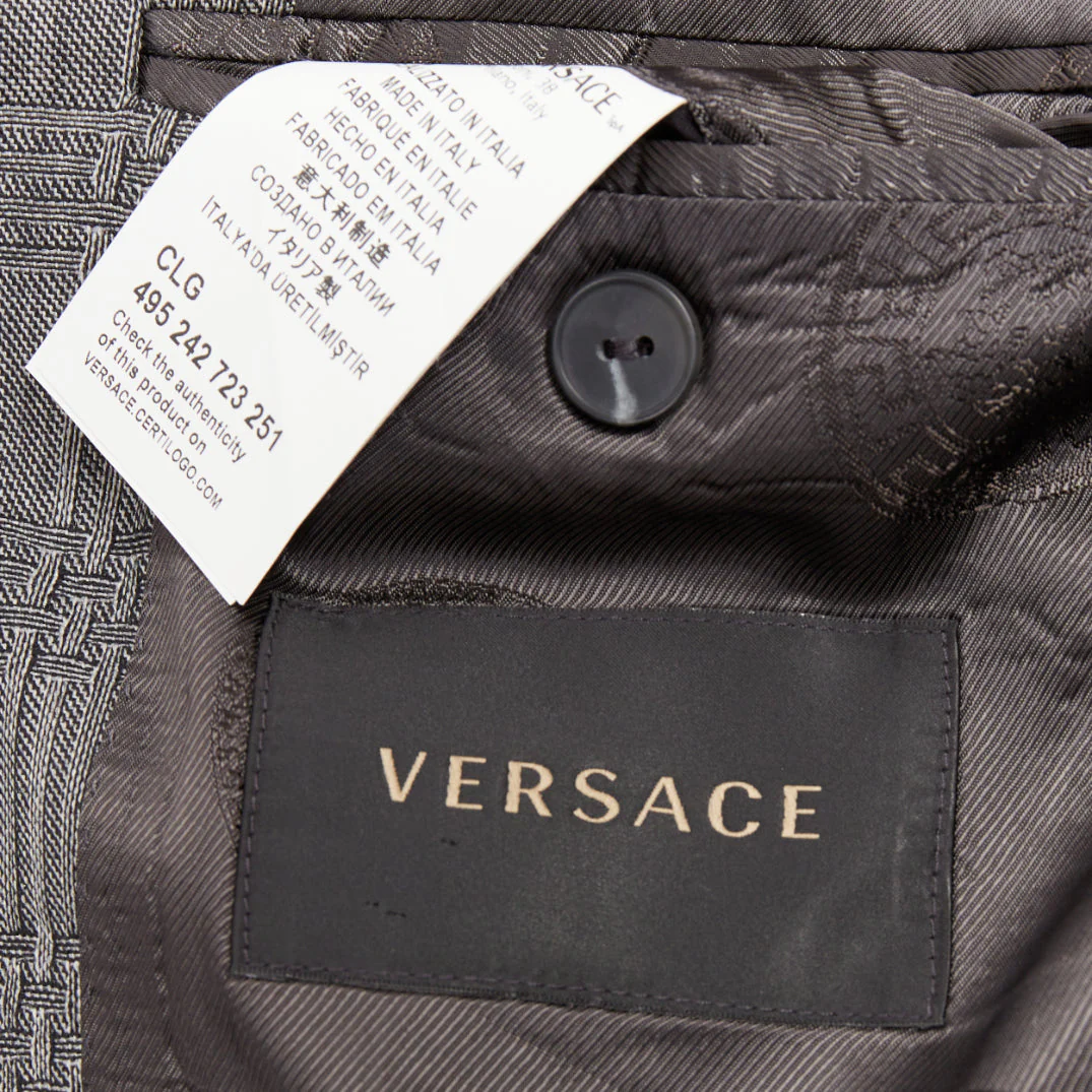 Men's VERSACE grey wool silk blend plaid checked 2 button notched lapel blazer EU50 L - Image 8