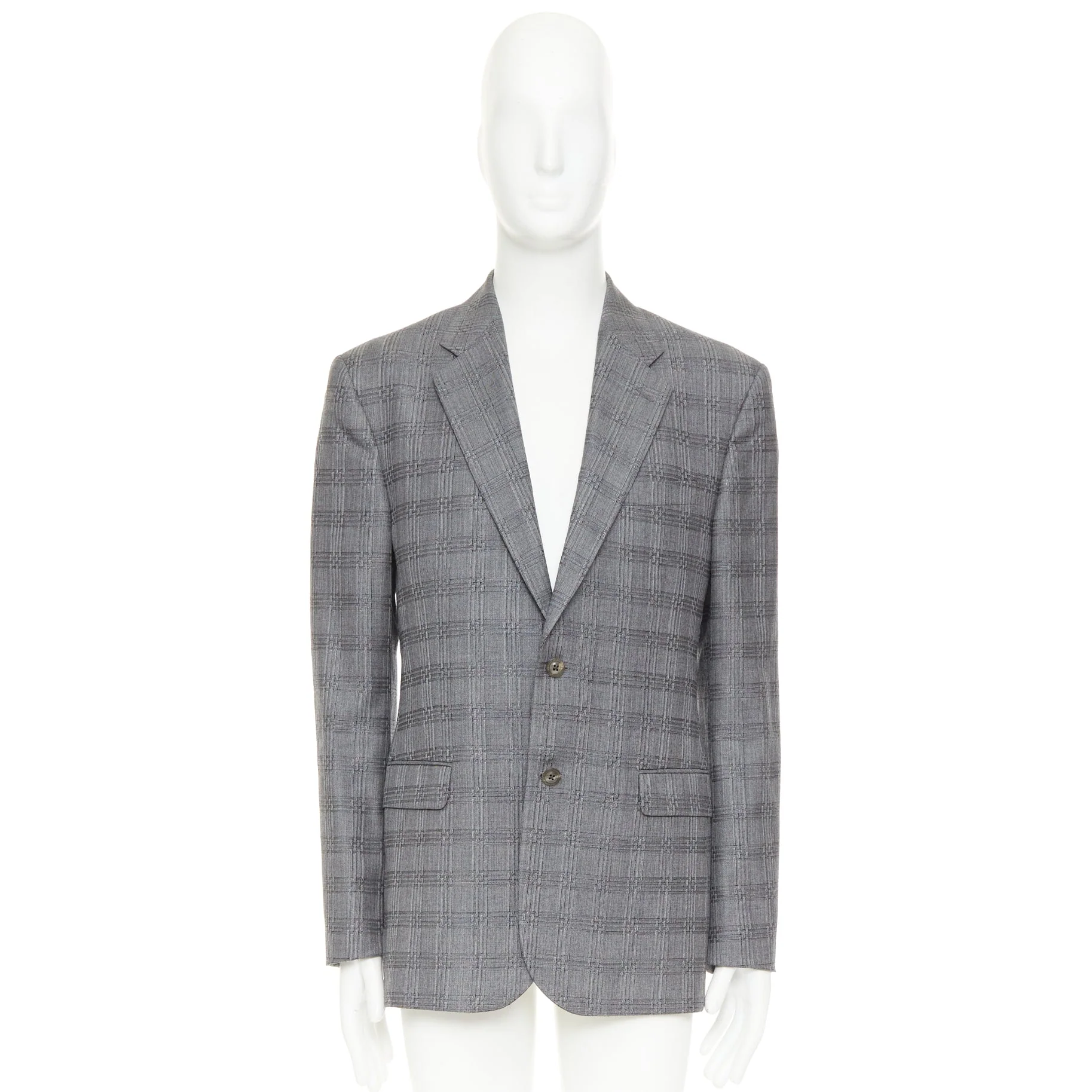 Men's VERSACE grey wool silk blend plaid checked 2 button notched lapel blazer EU50 L - Image 9