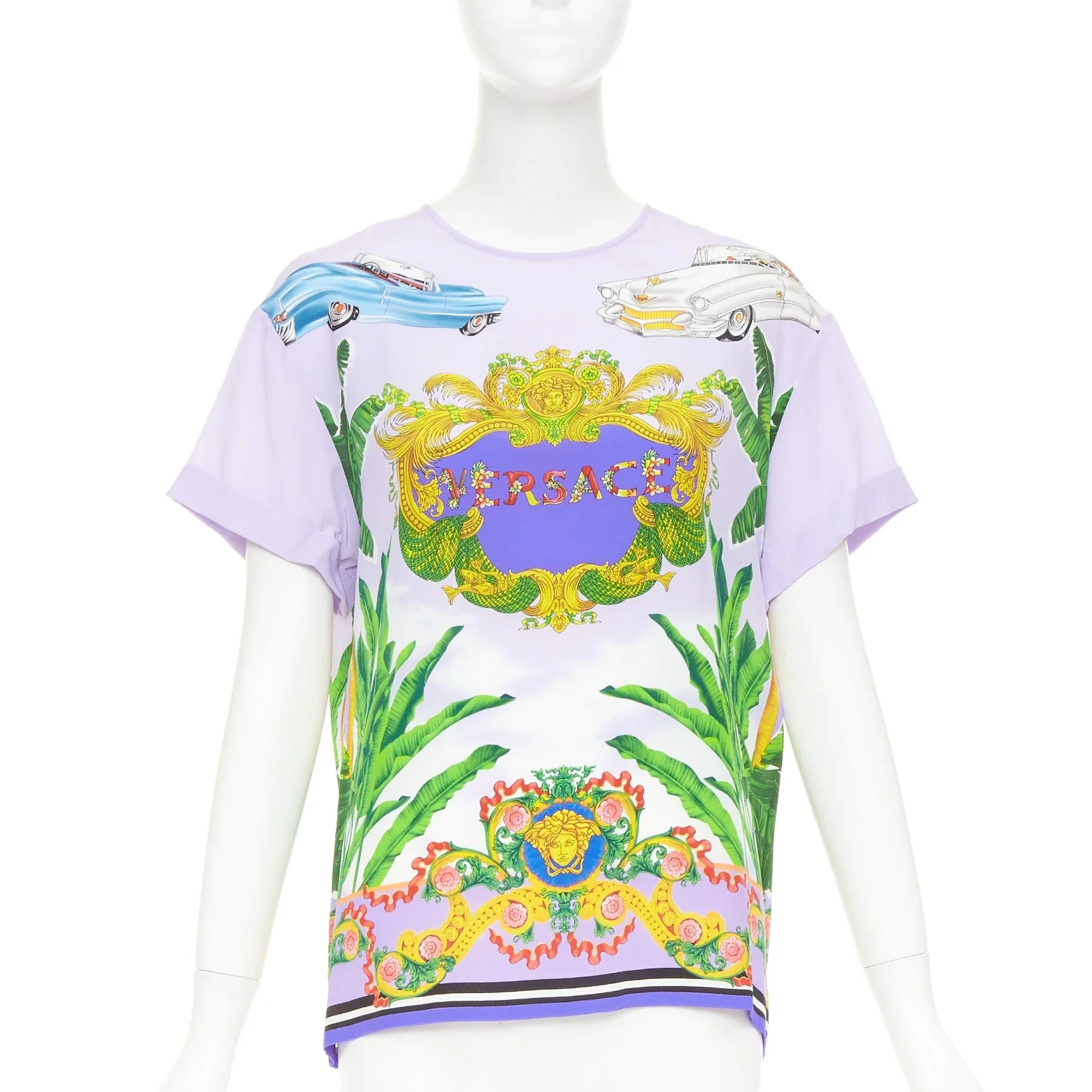 Women's VERSACE Beverly Palm lilac purple silk print short sleeve top IT40 S