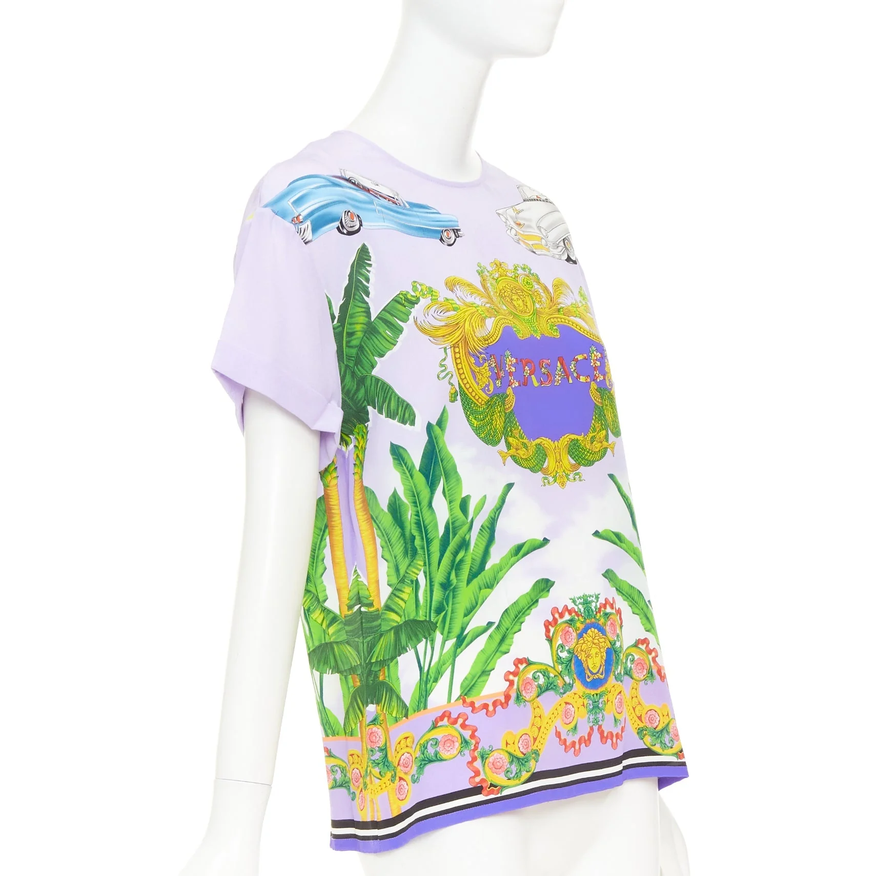 Women's VERSACE Beverly Palm lilac purple silk print short sleeve top IT40 S - Image 3