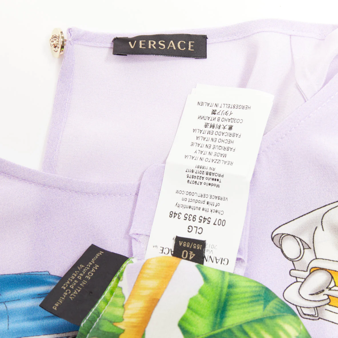 Women's VERSACE Beverly Palm lilac purple silk print short sleeve top IT40 S - Image 8