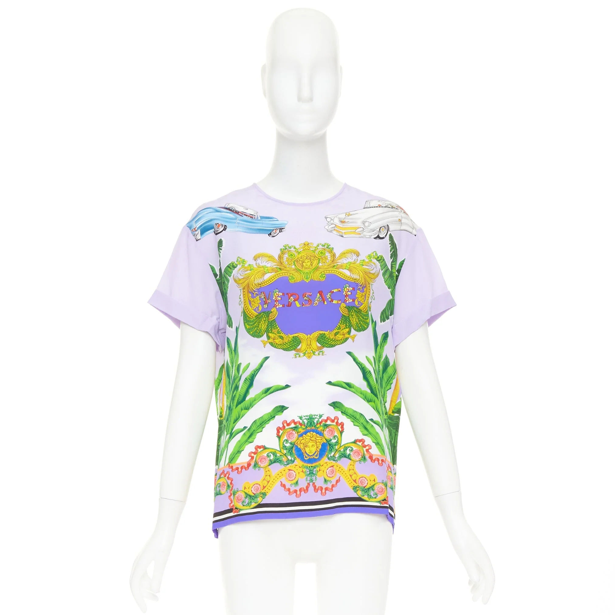 Women's VERSACE Beverly Palm lilac purple silk print short sleeve top IT40 S - Image 9