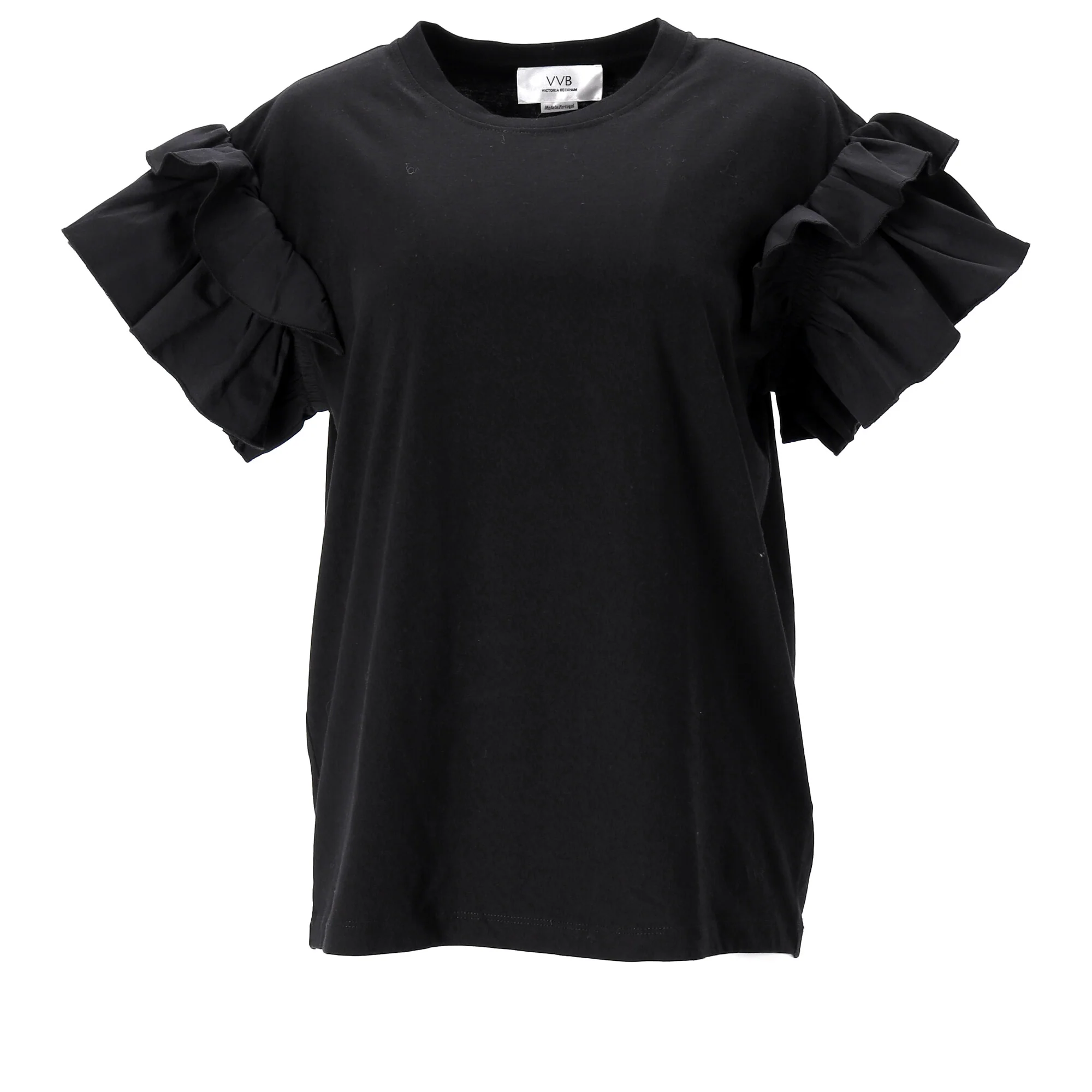 Women's Victoria Beckham Ruffle Sleeve T-Shirt in Black Cotton - Image 6