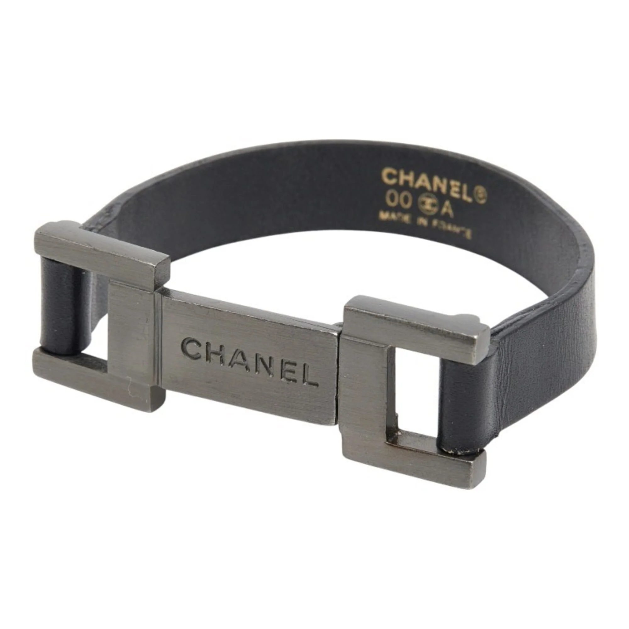 Plate Bracelet Leather and Metal Black and Silver