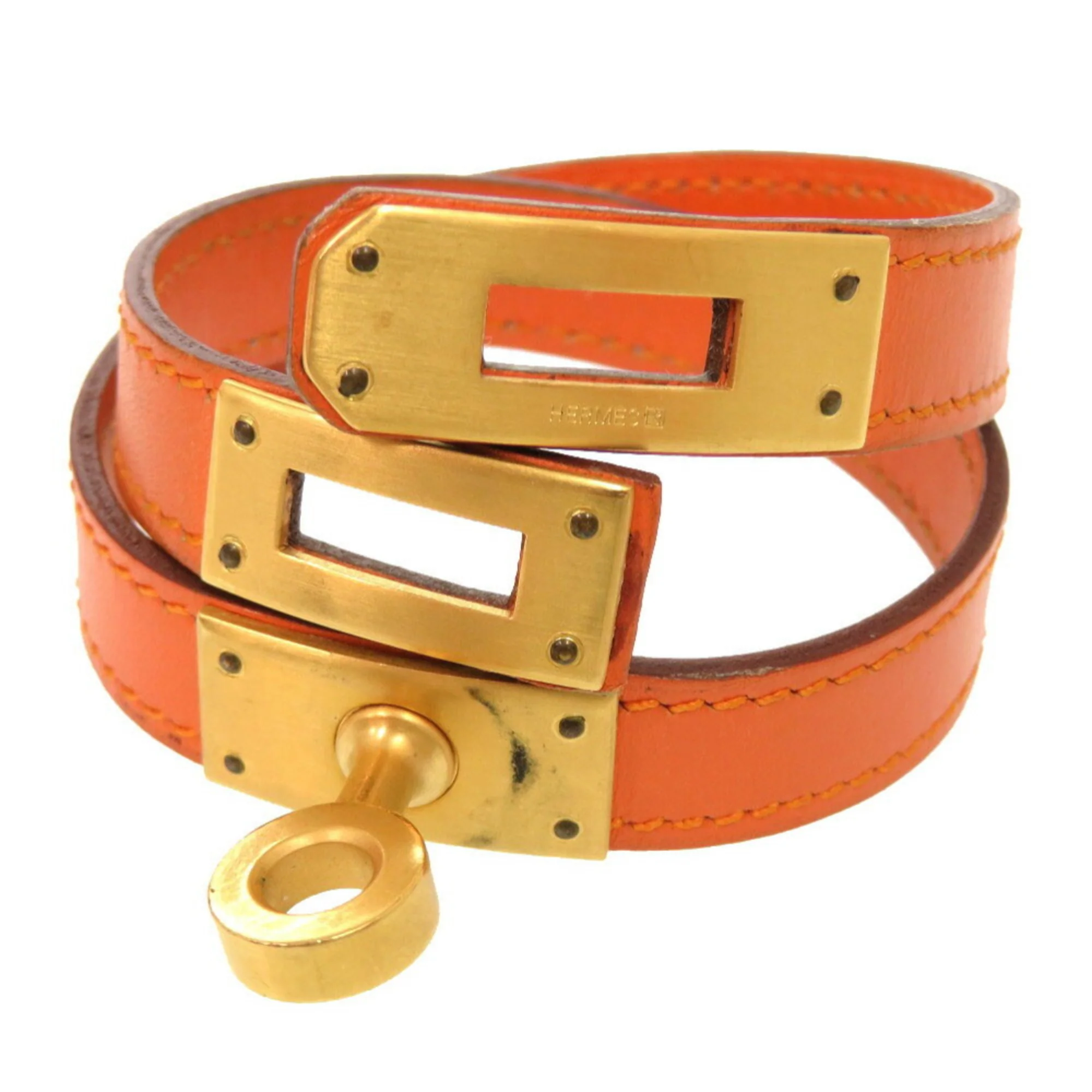 Kelly Double Tour Bracelet Swift Leather Gold and Orange - Image 4