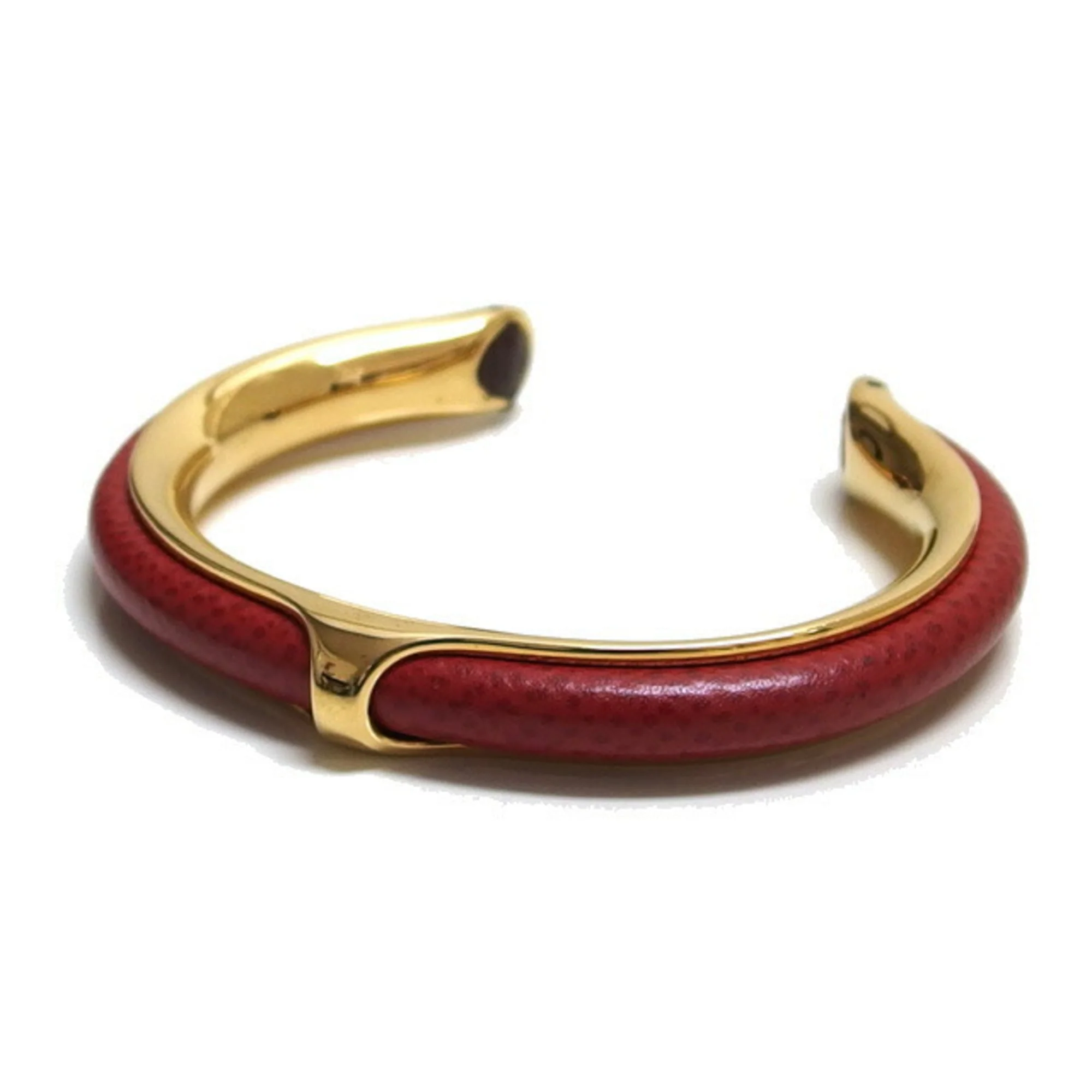 Oval Bangle Leather and Metal Gold Red Bracelet - Image 2