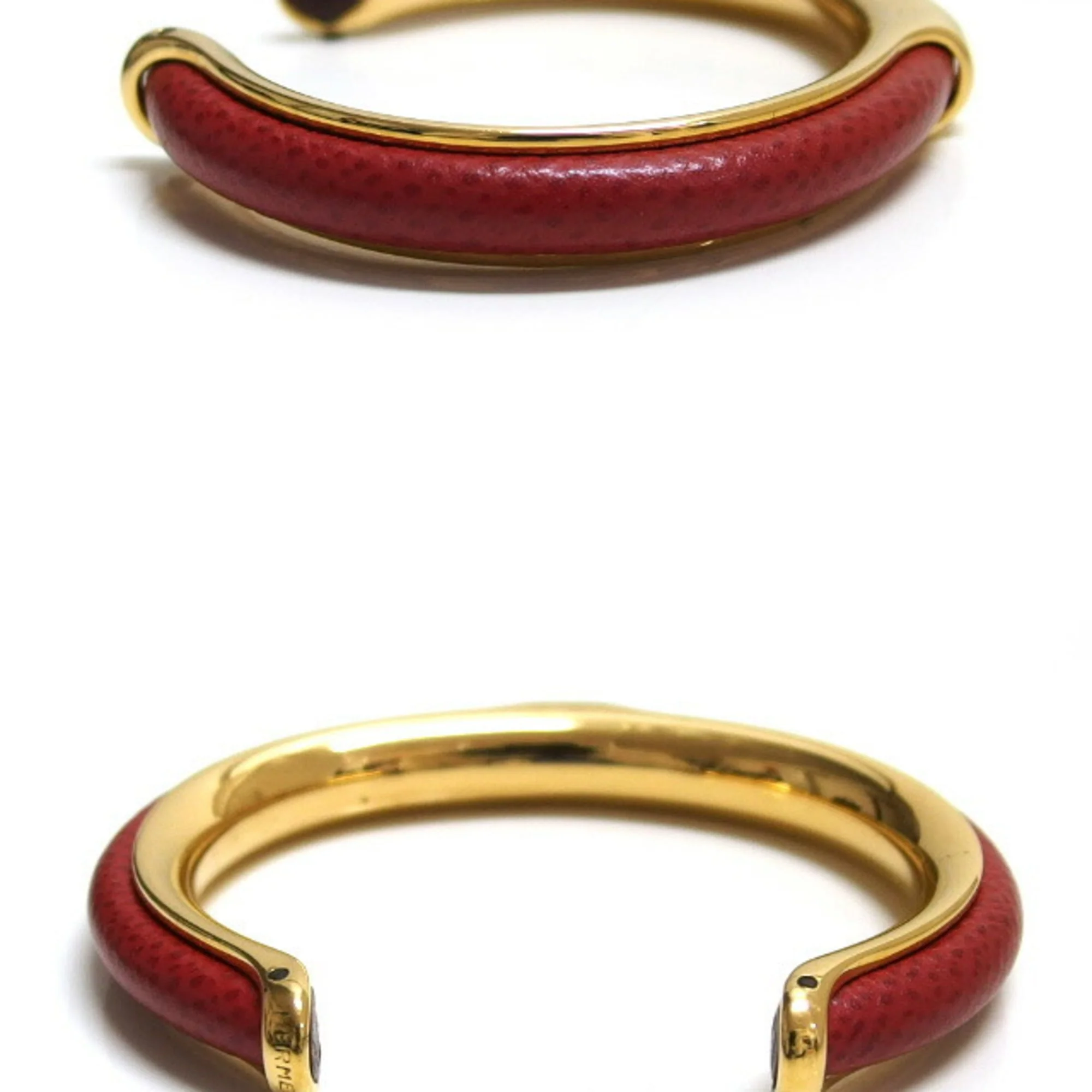 Oval Bangle Leather and Metal Gold Red Bracelet - Image 3