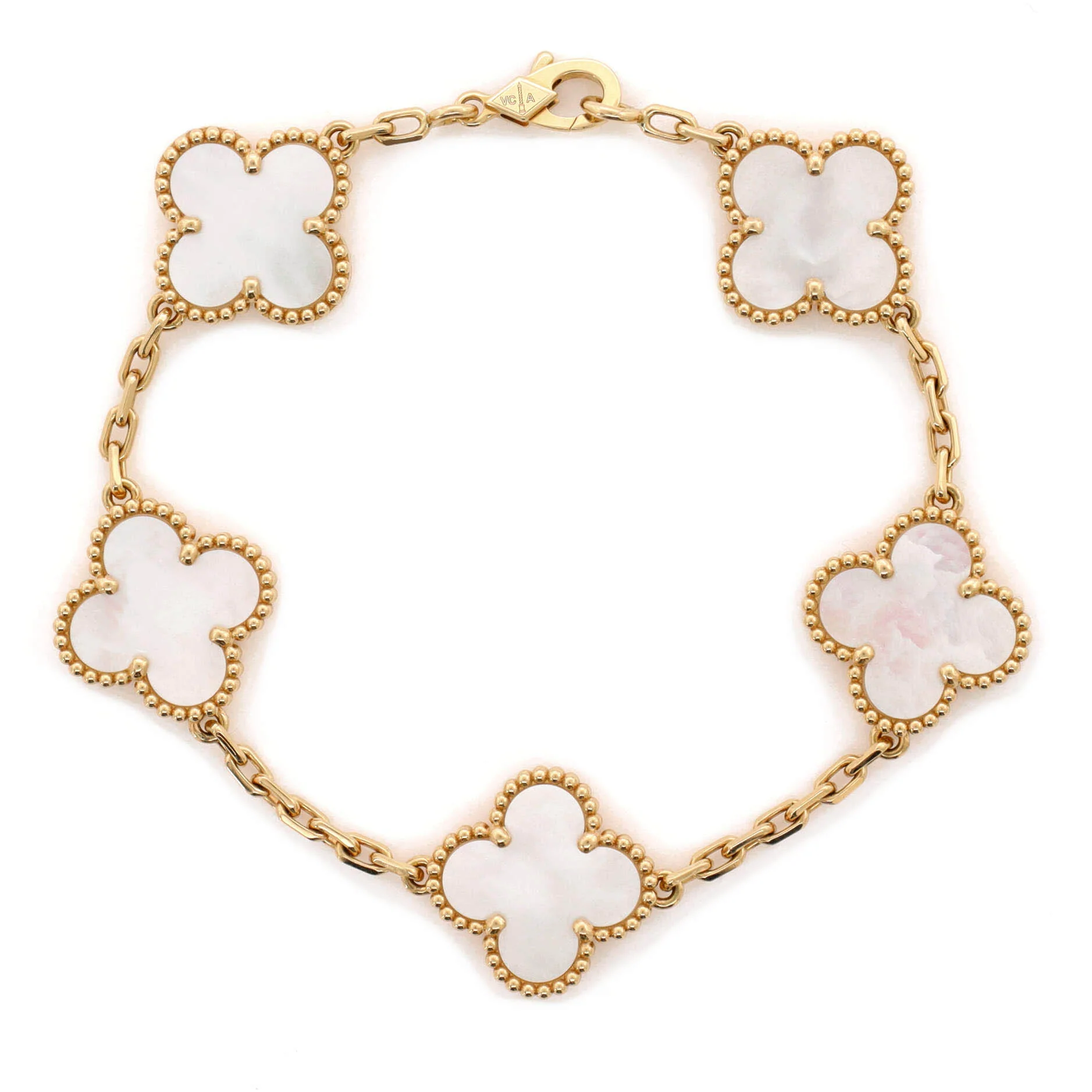 Vintage Alhambra 5 Motifs Bracelet 18K Yellow Gold and Mother of Pearl