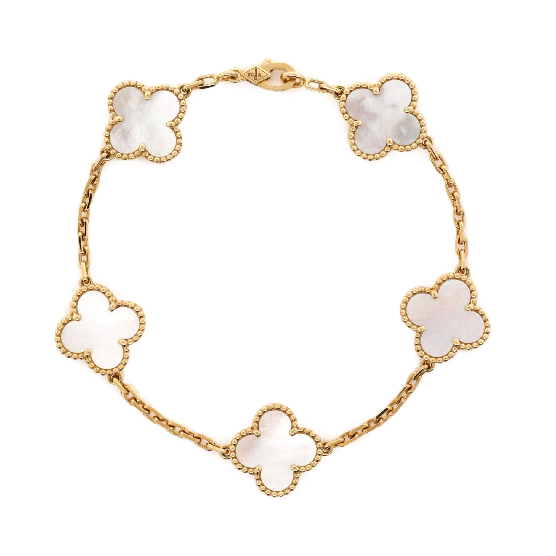 Vintage Alhambra 5 Motifs Bracelet 18K Yellow Gold and Mother of Pearl