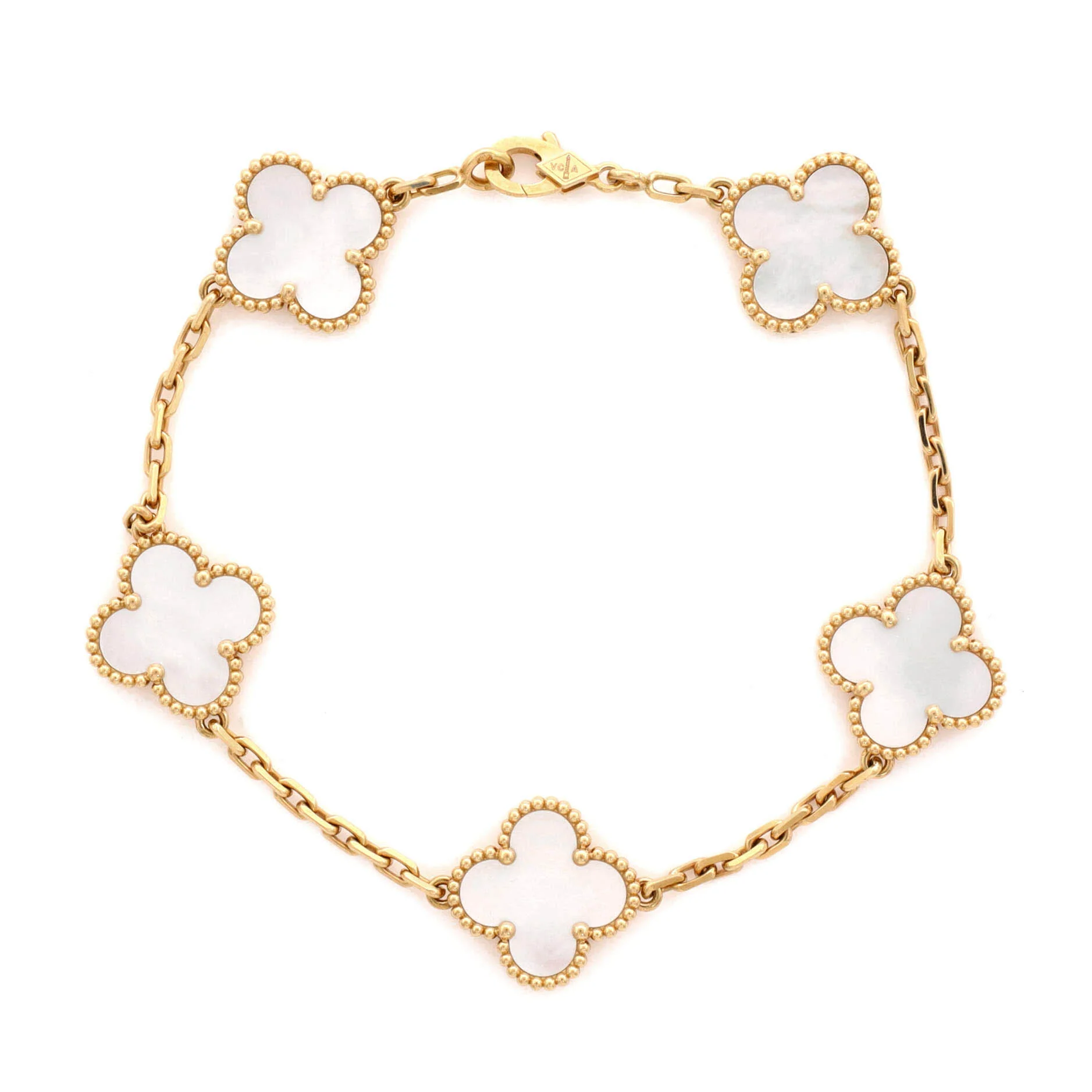 Vintage Alhambra 5 Motifs Bracelet 18K Yellow Gold and Mother of Pearl