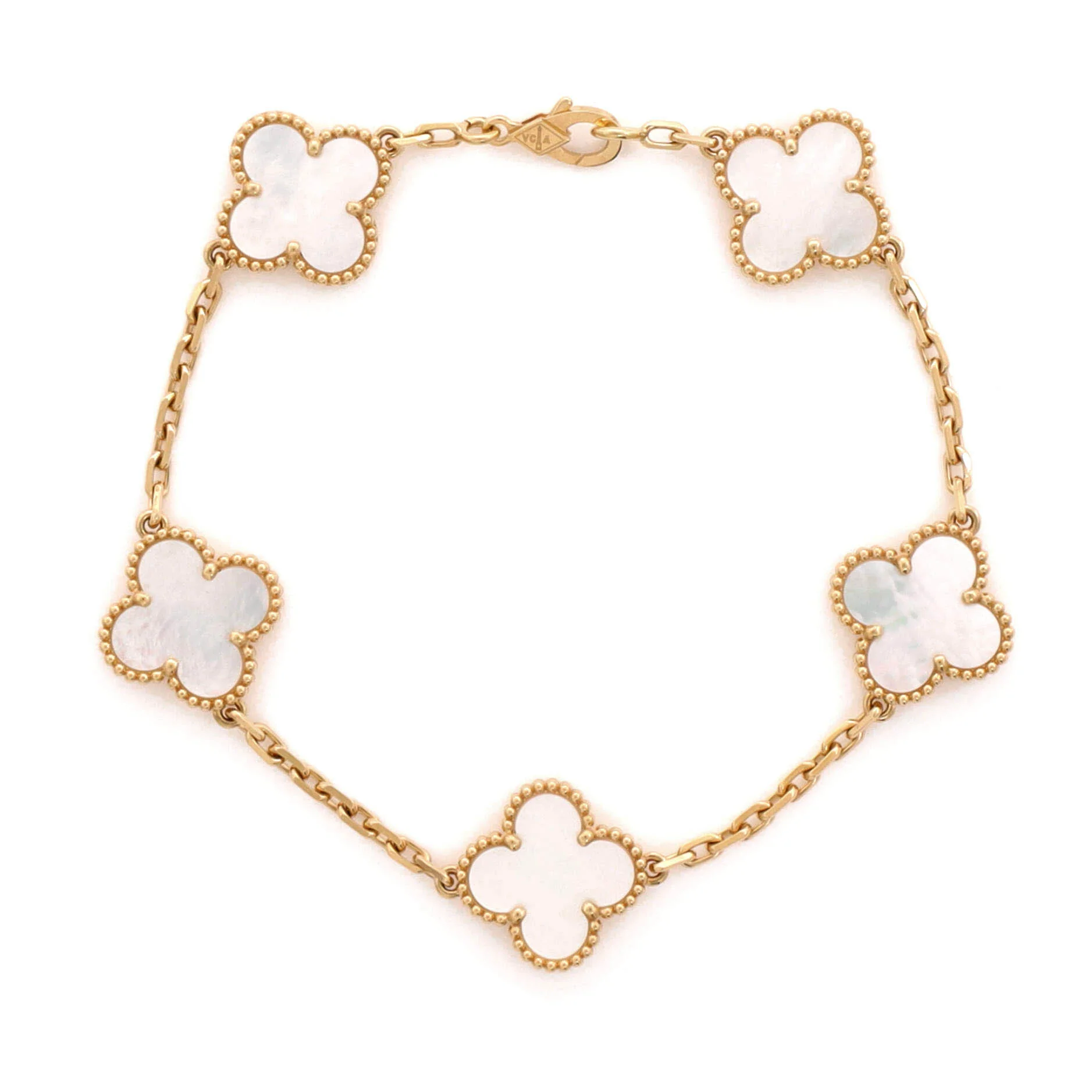 Vintage Alhambra 5 Motifs Bracelet 18K Yellow Gold and Mother of Pearl