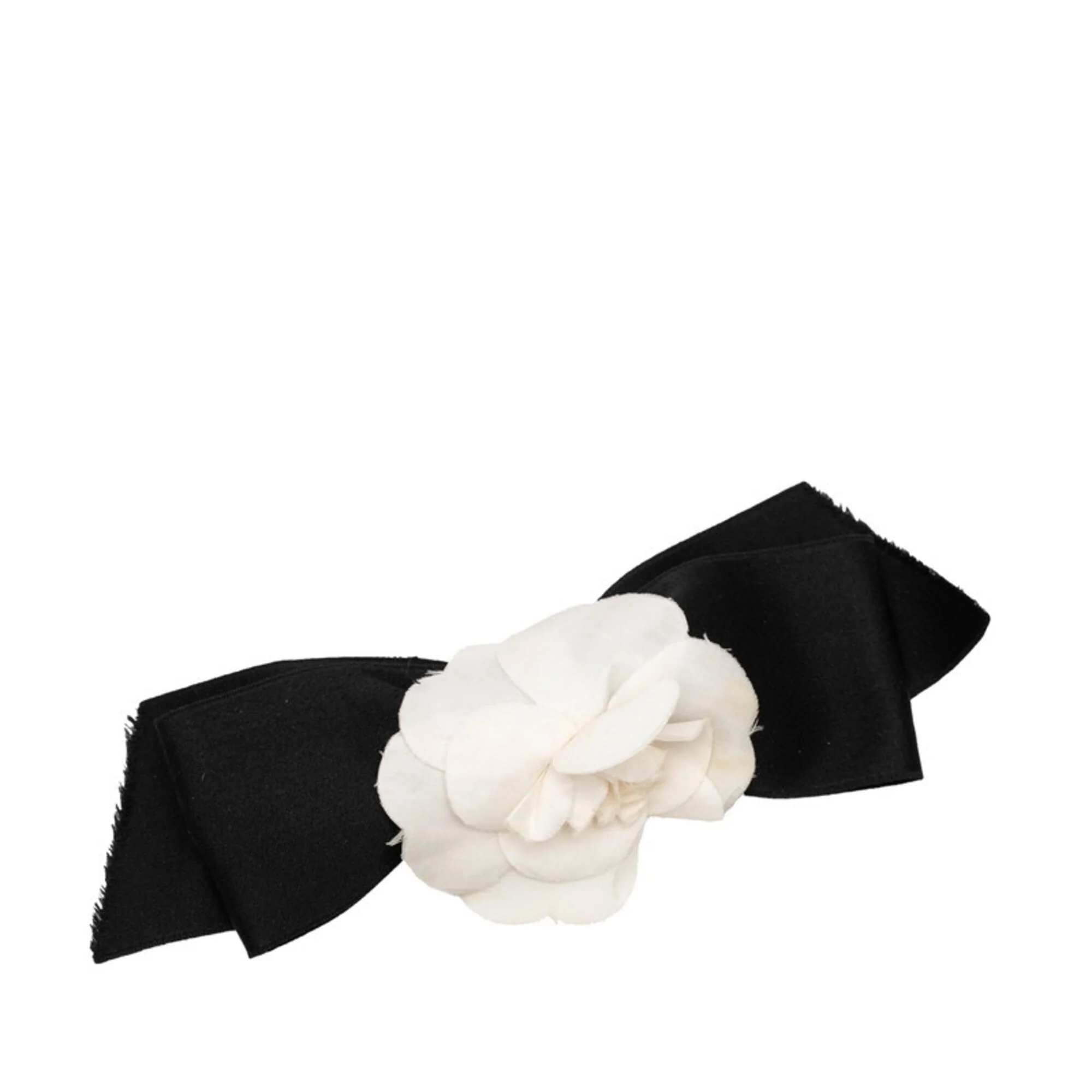 Camellia Ribbon Brooch Metal Textile Black and White