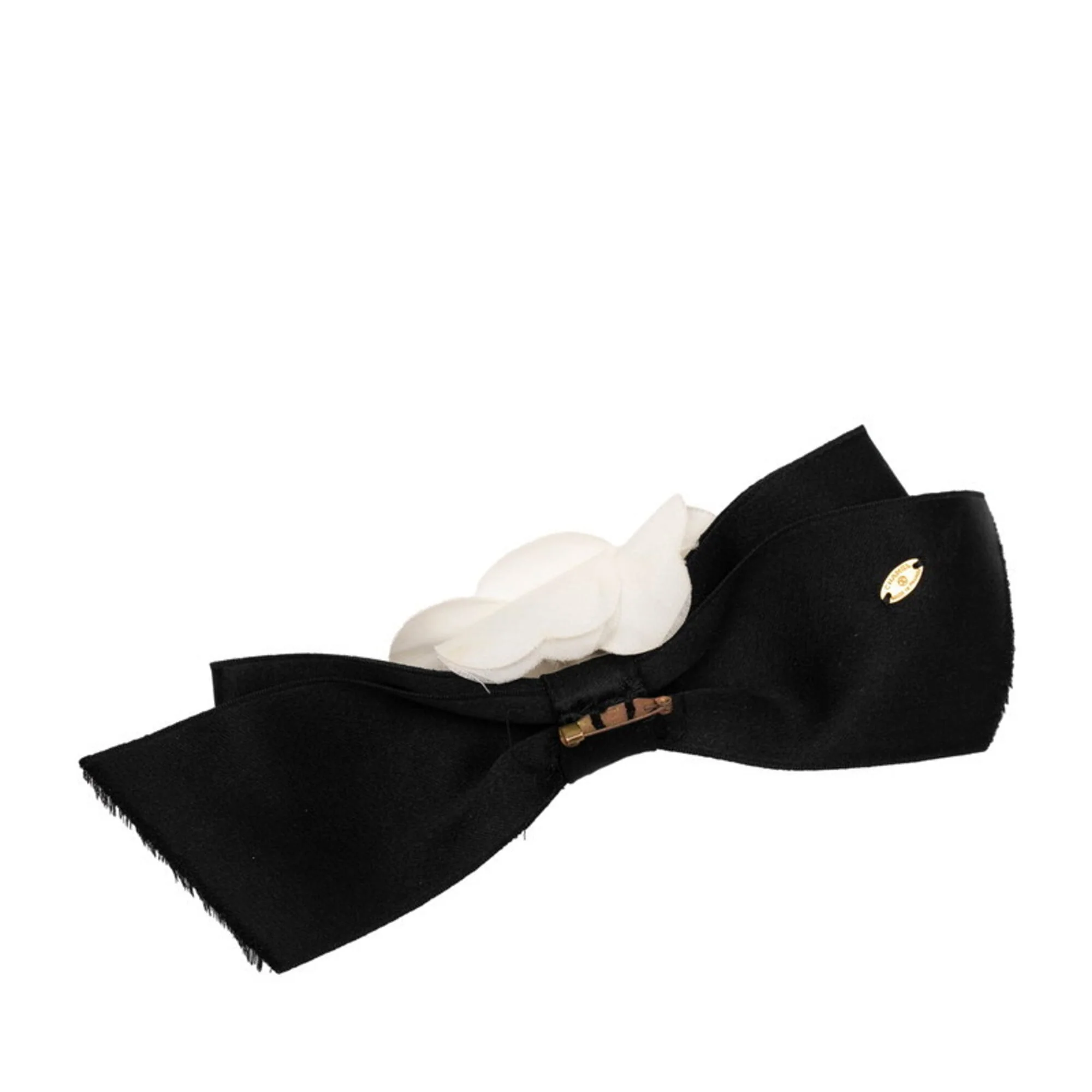 Camellia Ribbon Brooch Metal Textile Black and White - Image 2