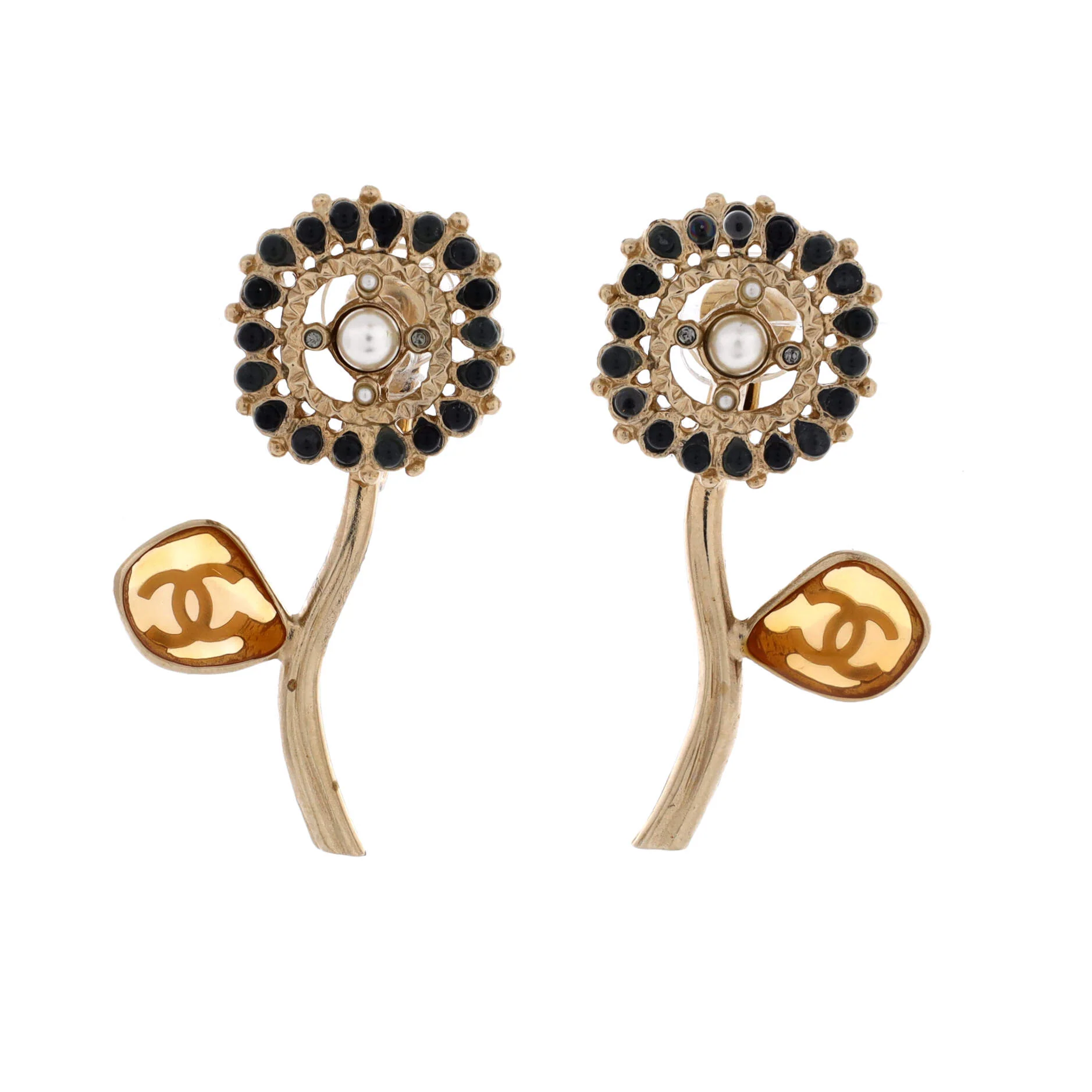 CC Flower Clip-On Earrings Metal with Faux Pearls, Crystals and Resin