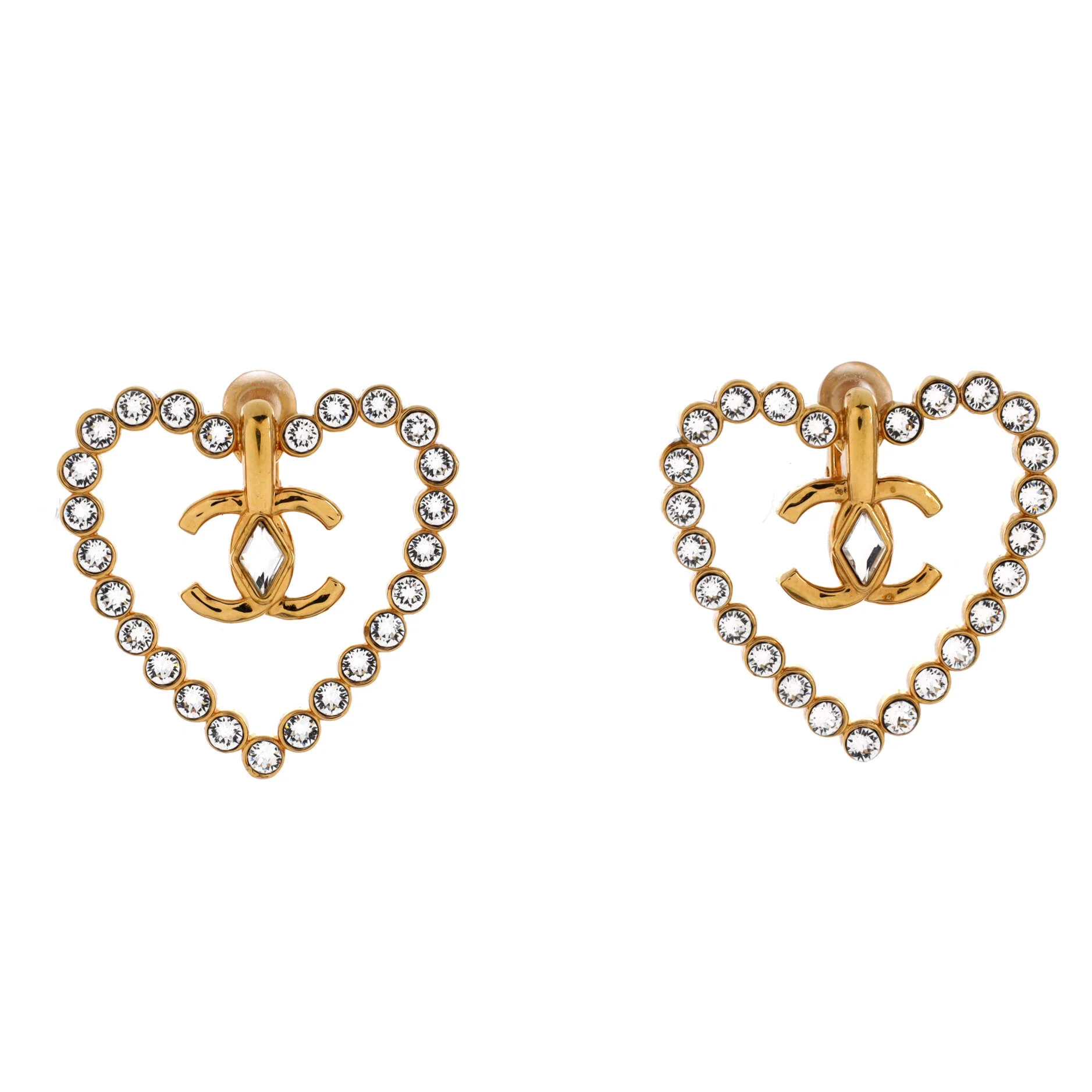 CC Heart Cut Out Stud Earrings Metal with Crystals Large