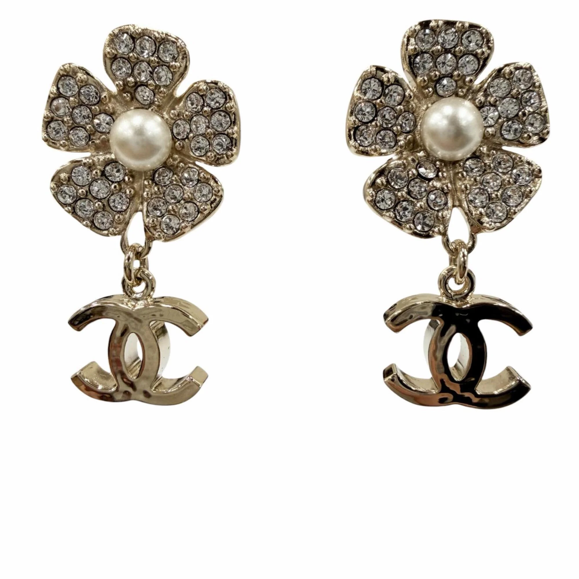 CC Logo Flower Earrings Metal Gold-Tone Metal