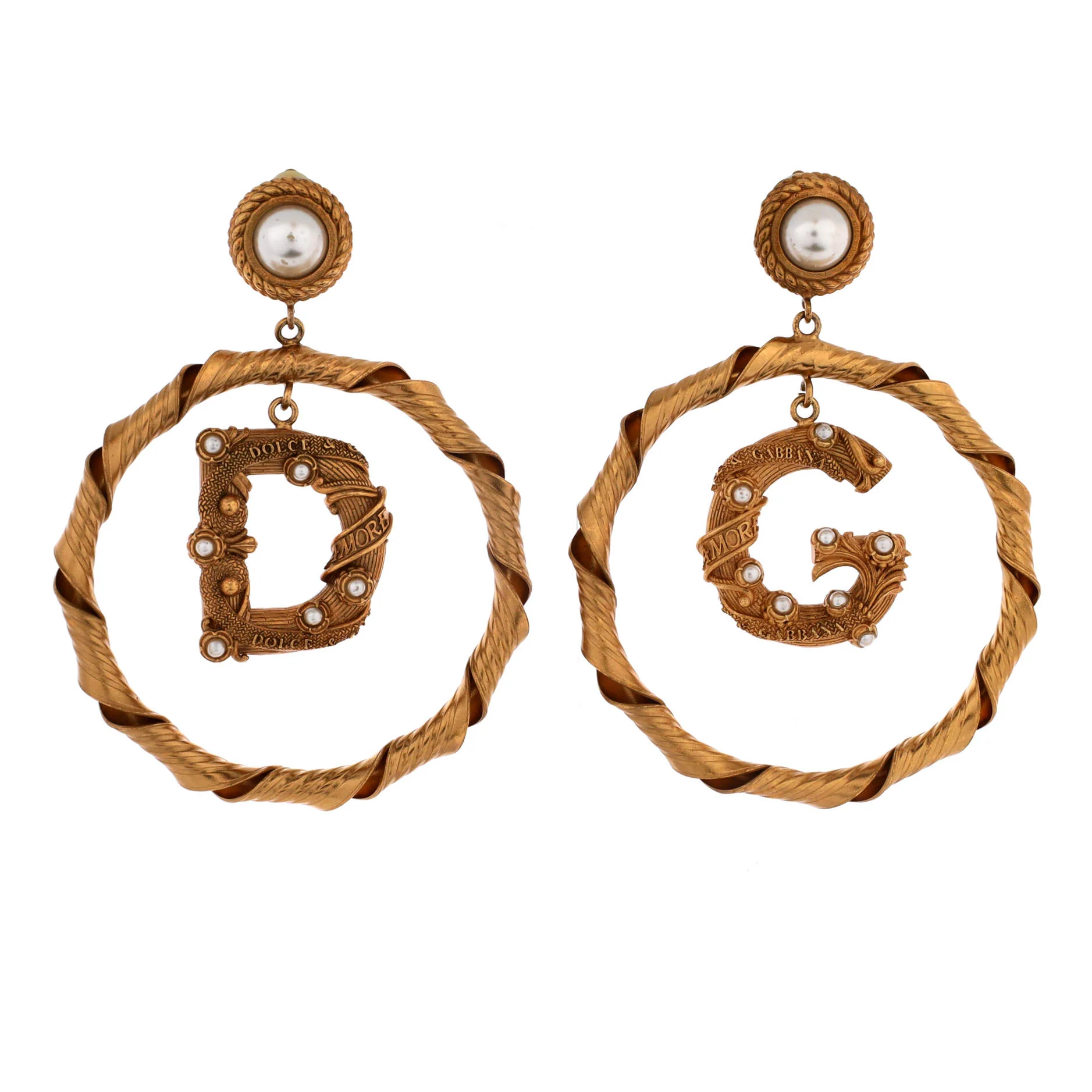 DG Drop Hoop Earrings Metal with Faux Pearls