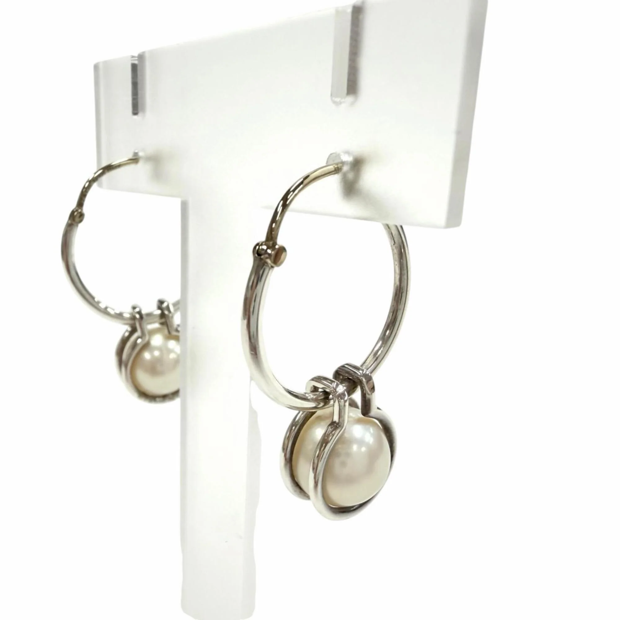 Earrings Pearl Hoop Sterling Silver - Image 3