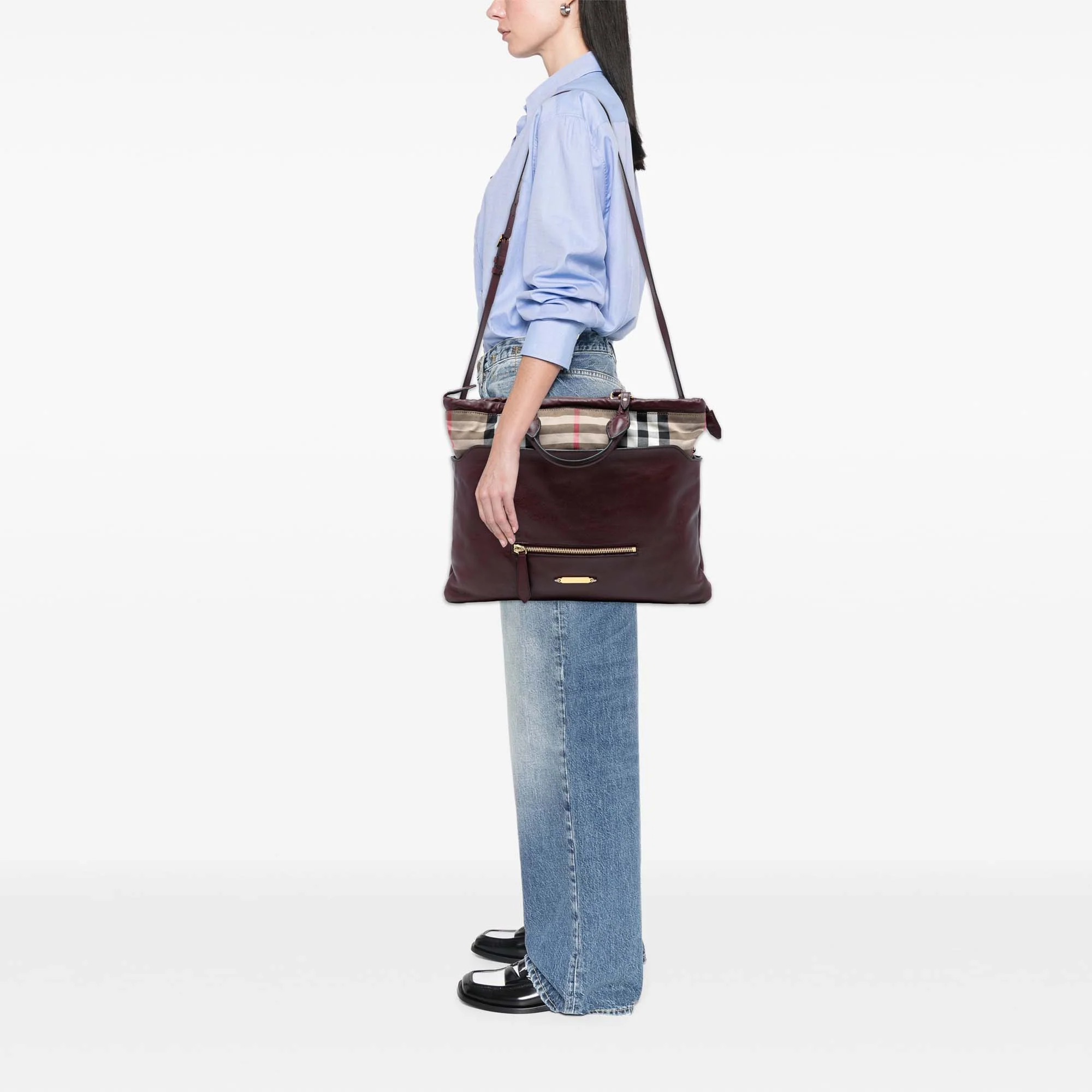 Big Crush Tote Leather and House Check Canvas Large - Image 8
