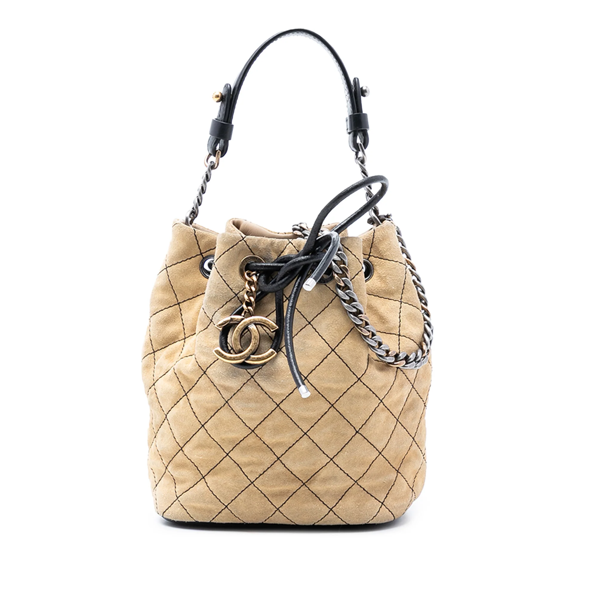 CC Chain Drawstring Bucket Bag Quilted Lambskin Small