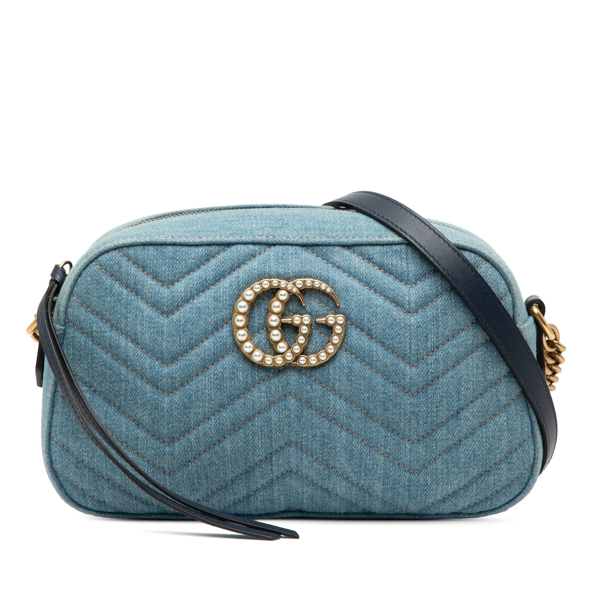 Pearly GG Marmont Shoulder Bag Matelasse Denim Small