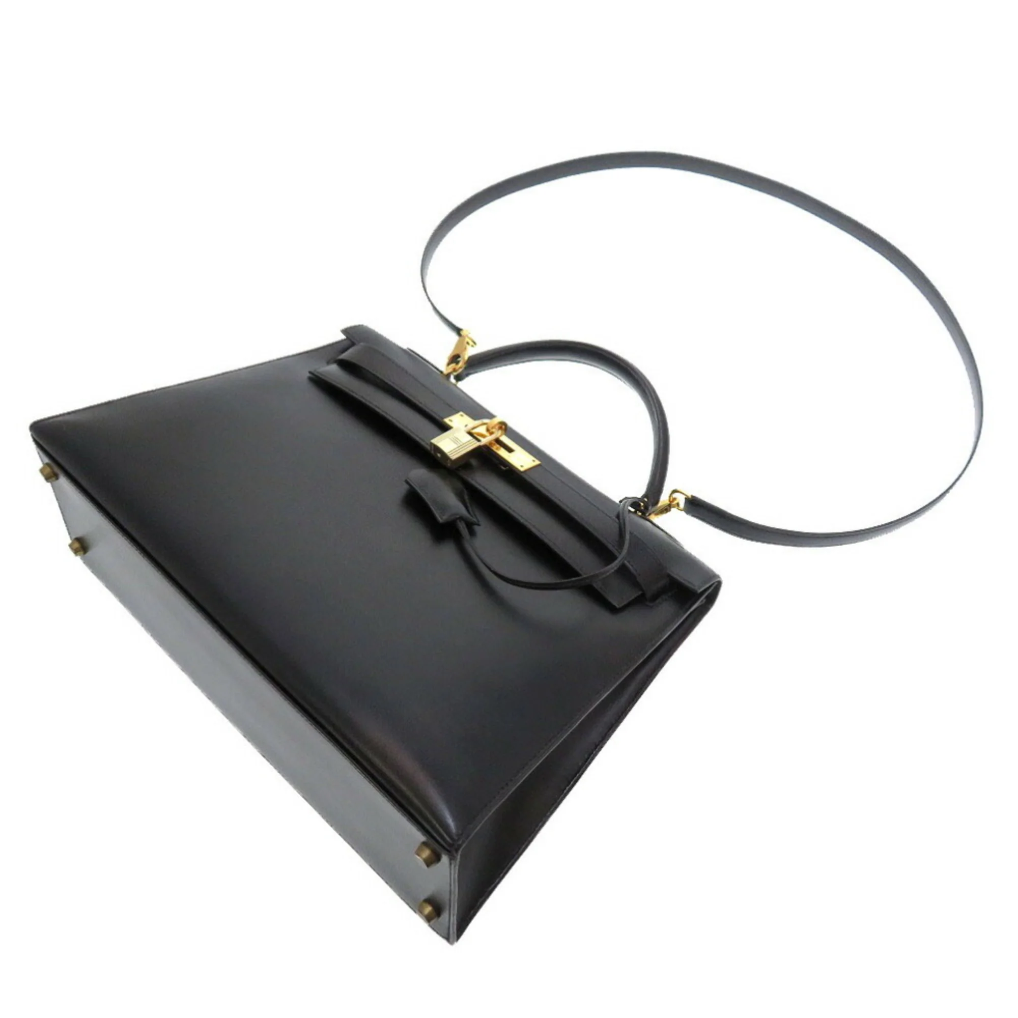 Kelly Handbag Black Box Calf with Gold Hardware 32 - Image 7