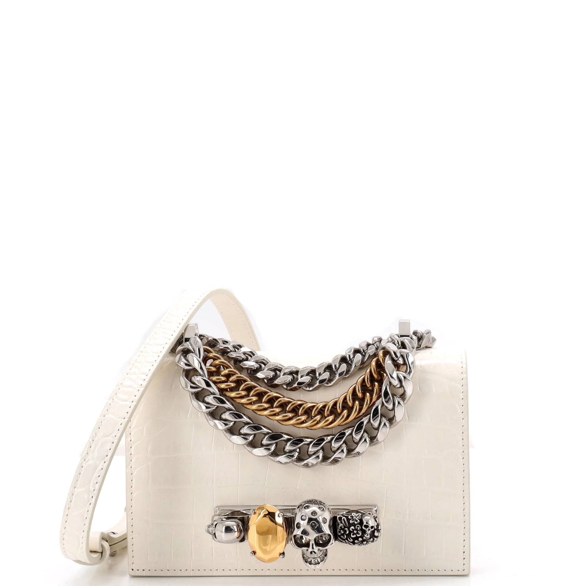 Jeweled Flap Bag Crocodile Embossed Leather Small