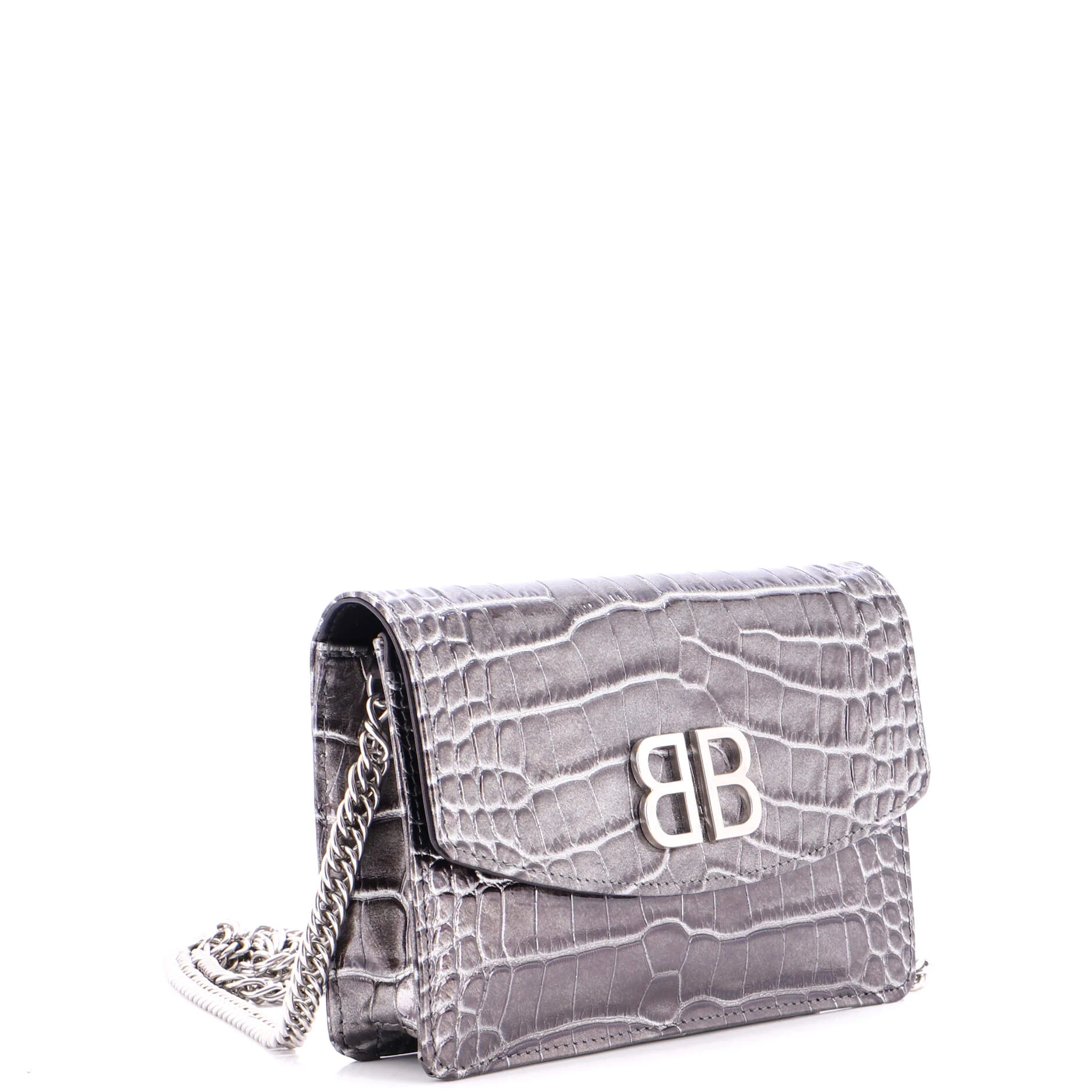 BB Chain Round Shoulder Bag Crocodile Embossed Leather Small - Image 2