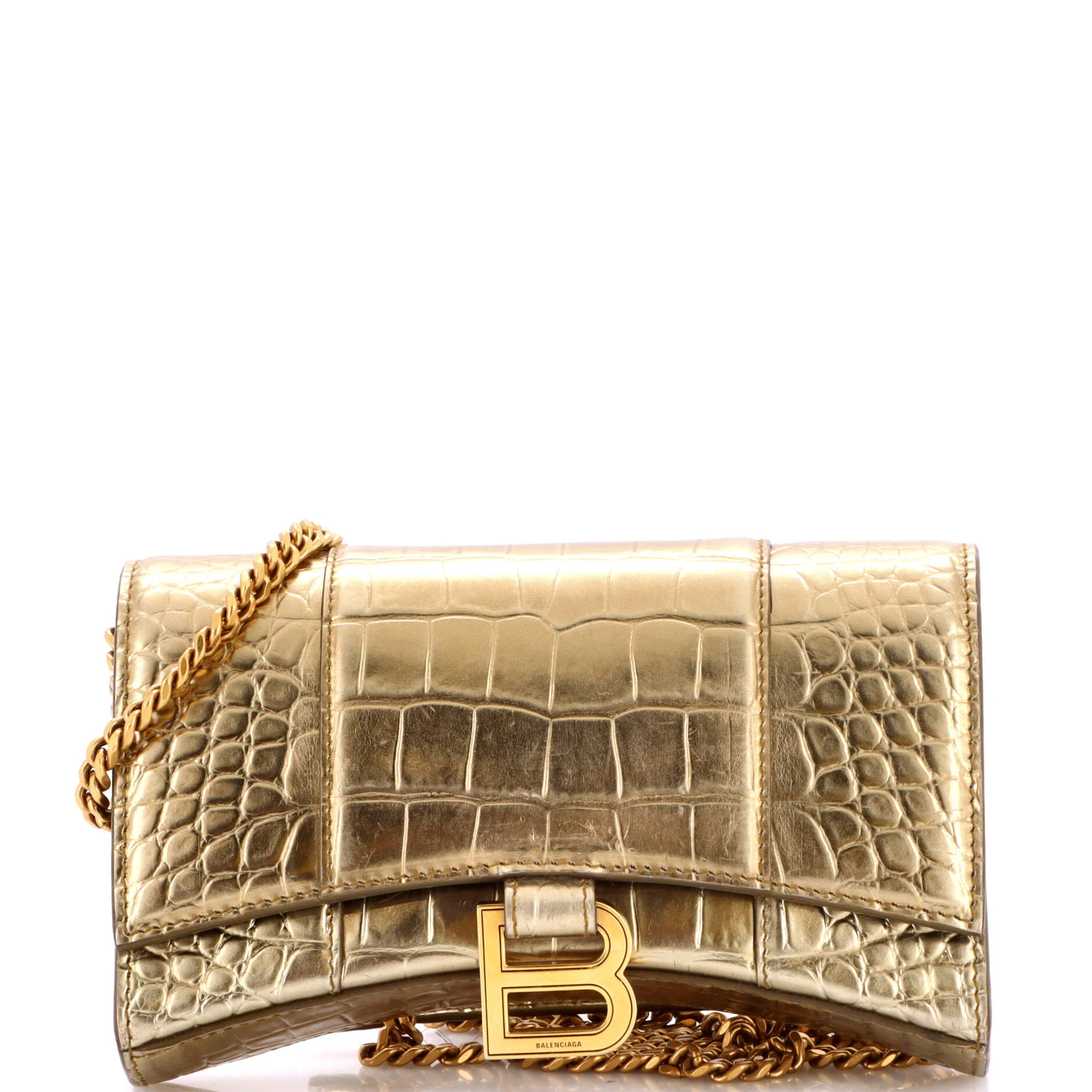 Hourglass Chain Wallet Crocodile Embossed Leather