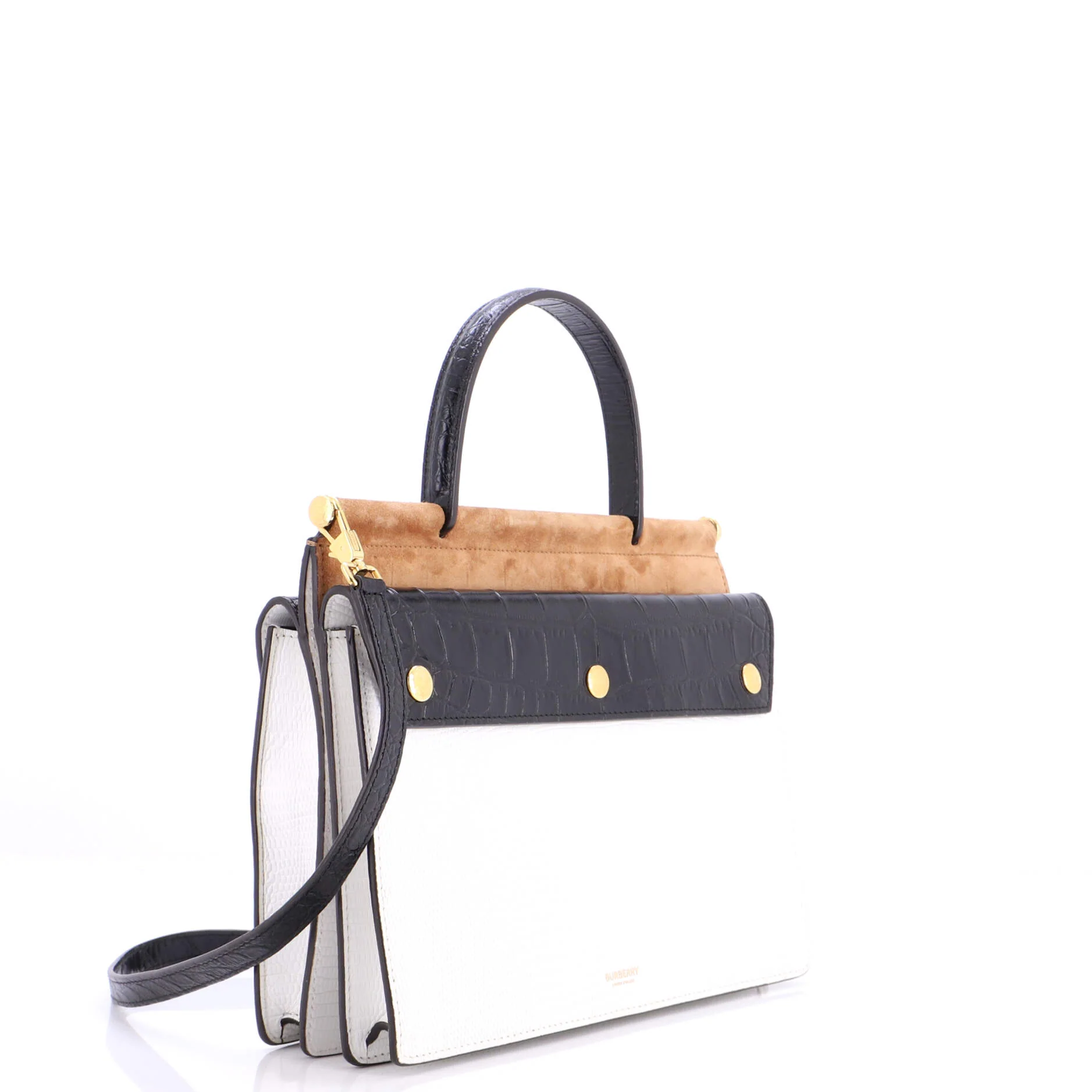 Panelled Title Front Pocket Top Handle Bag Embossed Leather and Suede Small - Image 2