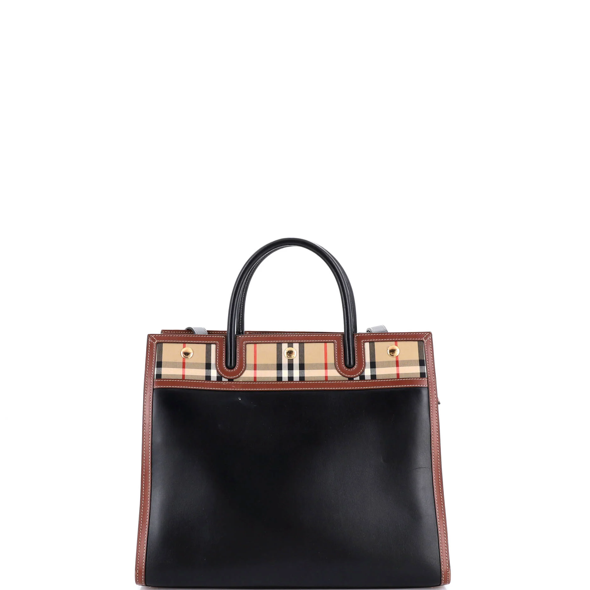 Title Two Handle Tote Leather with Vintage Check Canvas Medium - Image 3