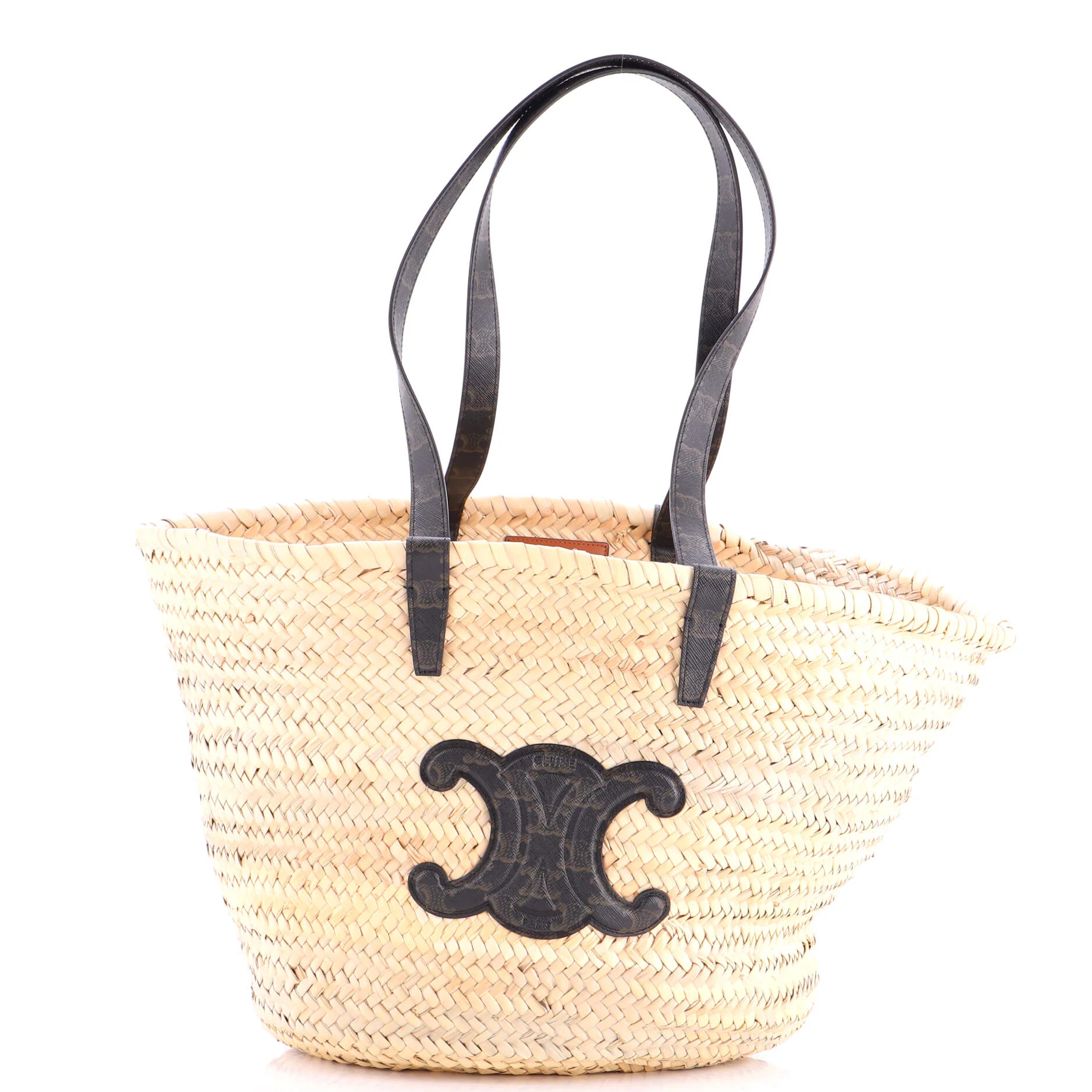 Triomphe Basket Shoulder Bag Raffia with Leather Large