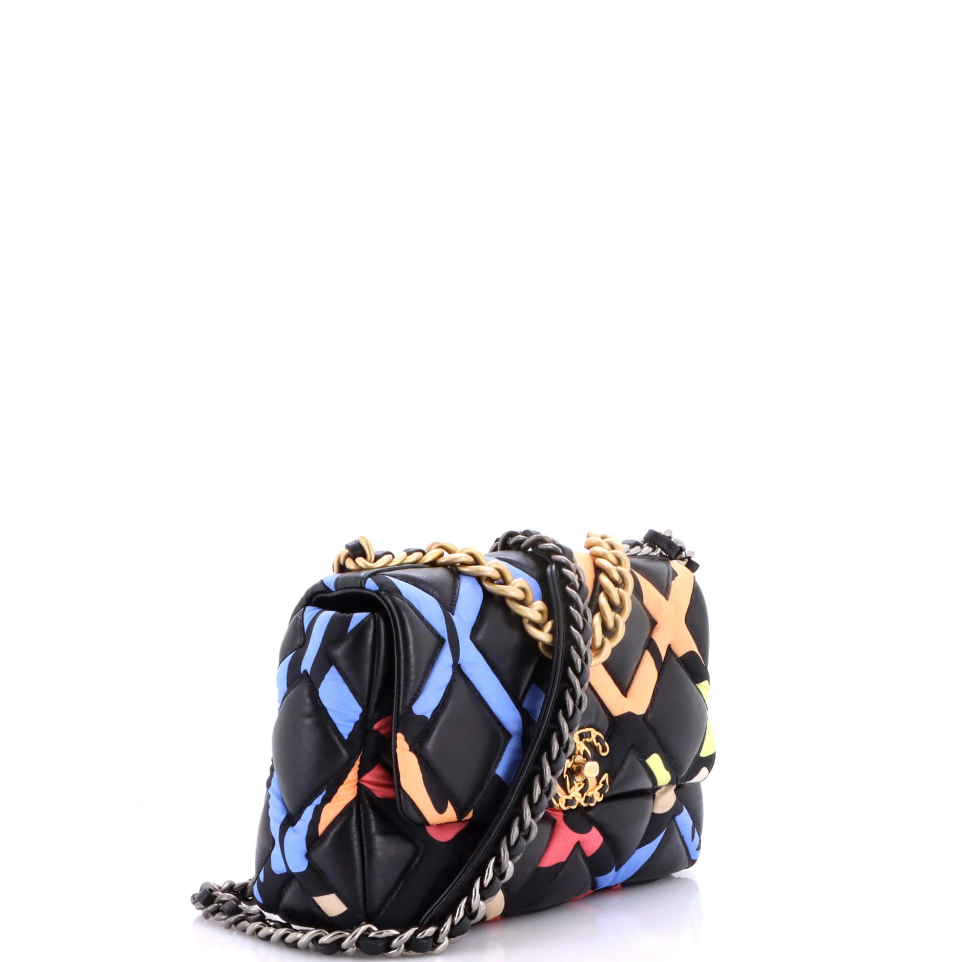 19 Flap Bag Quilted Lambskin and Printed Silk Medium - Image 2