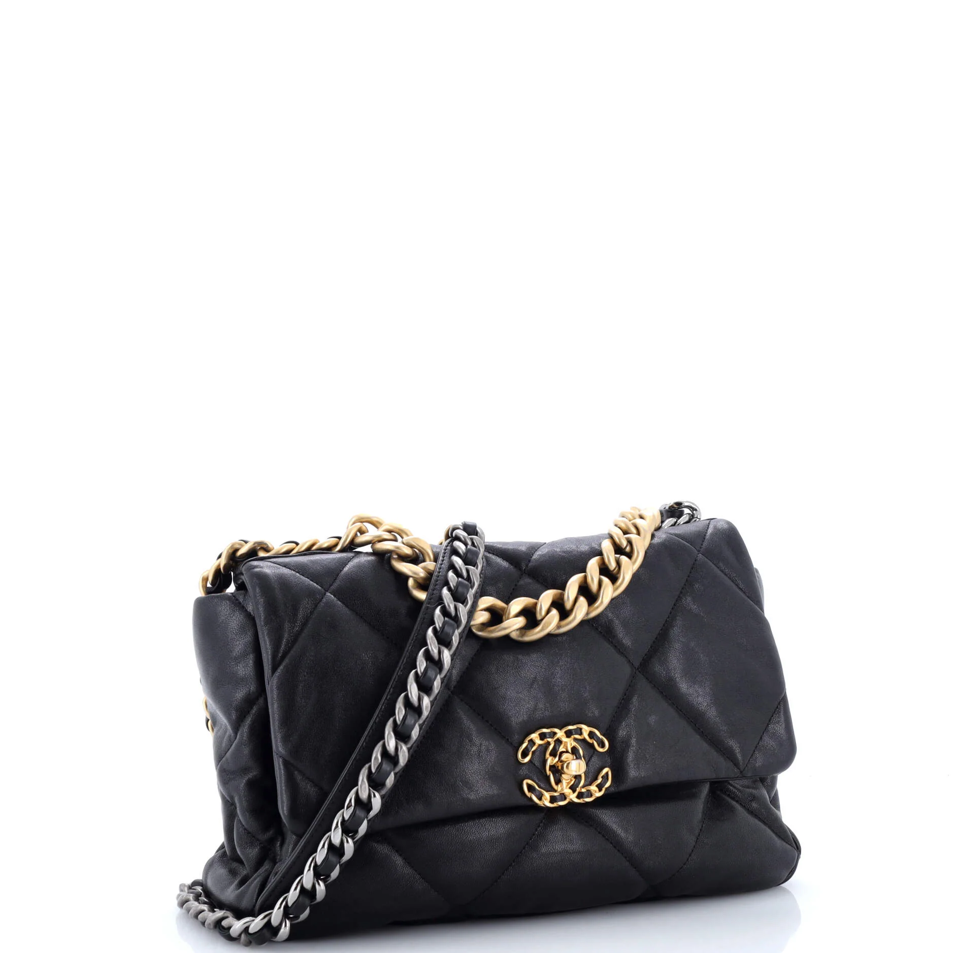 19 Flap Bag Quilted Shiny Crumpled Calfskin Large - Image 2