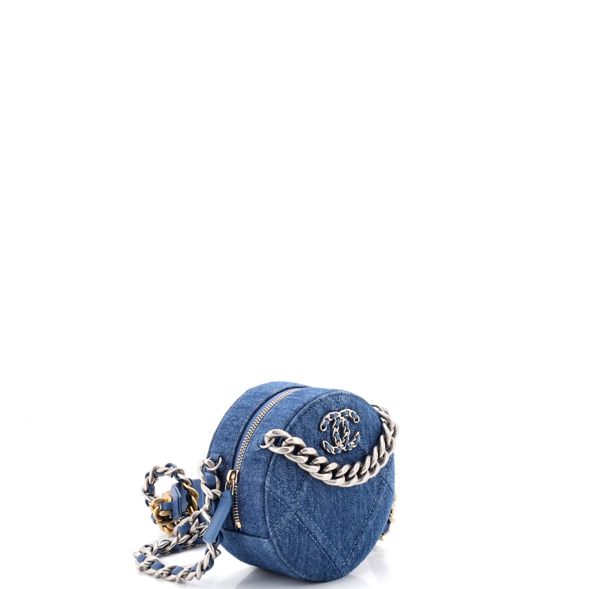 19 Round Clutch with Chain Quilted Denim - Image 3