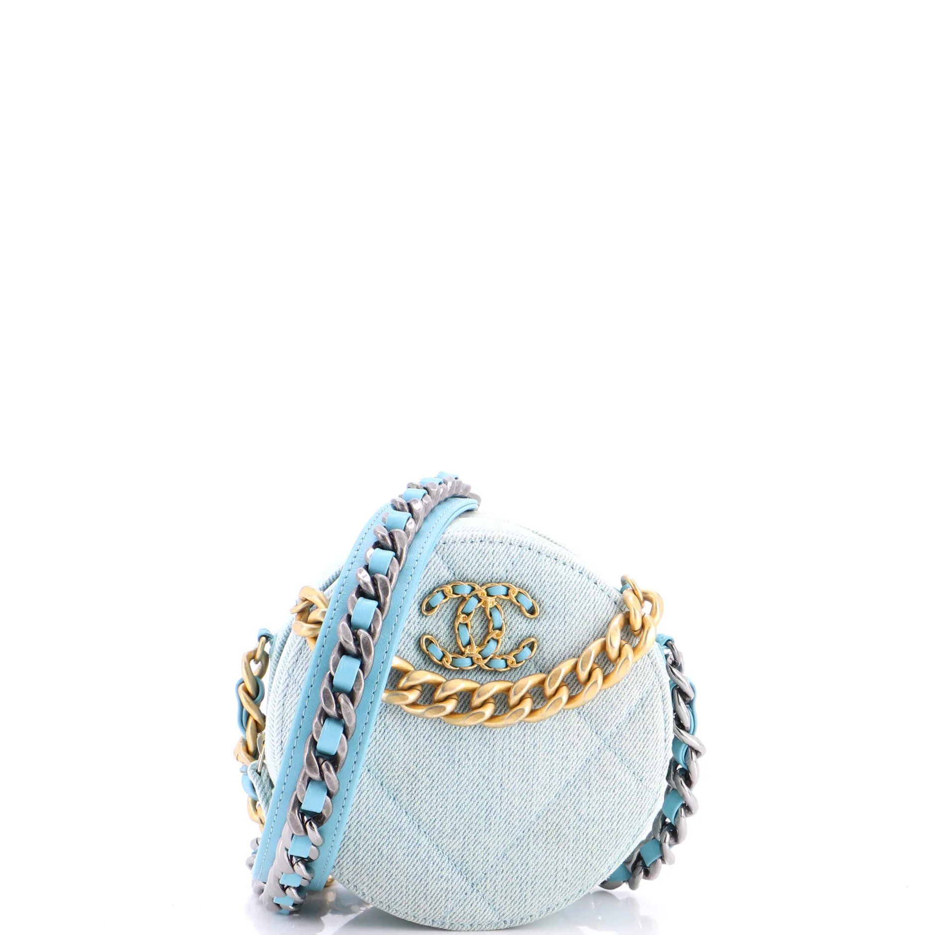 19 Round Clutch with Chain Quilted Denim