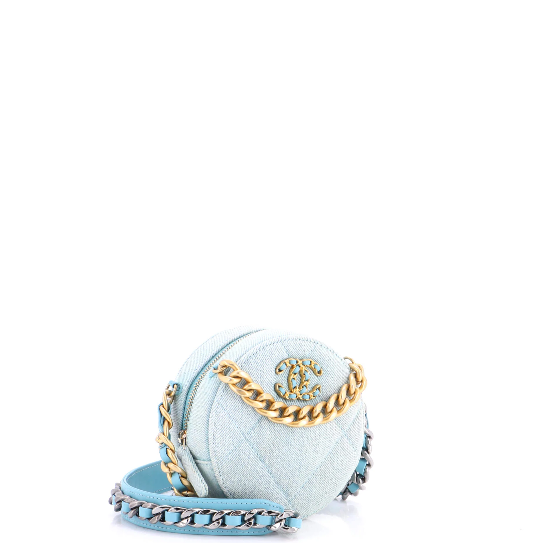 19 Round Clutch with Chain Quilted Denim - Image 2