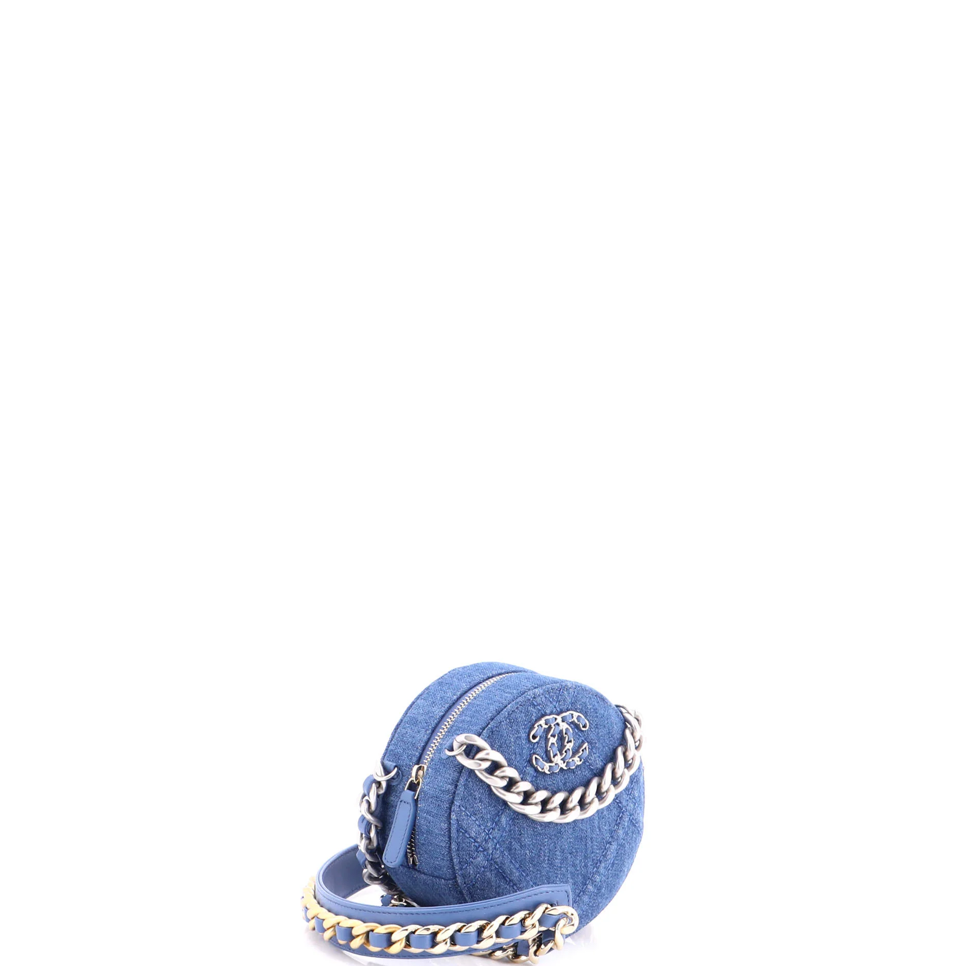 19 Round Clutch with Chain Quilted Denim - Image 2