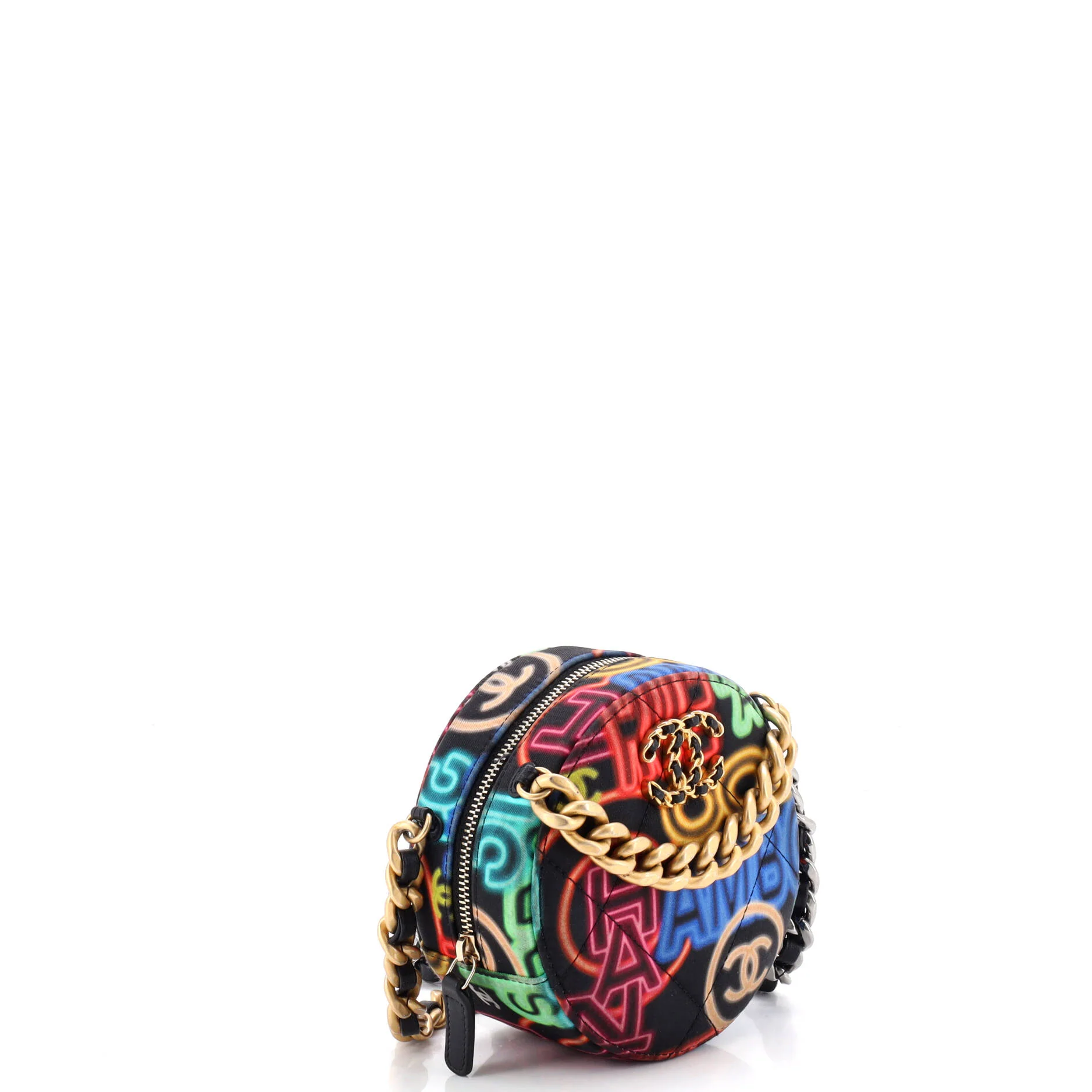 19 Round Clutch with Chain Quilted Graffiti Print Fabric - Image 2