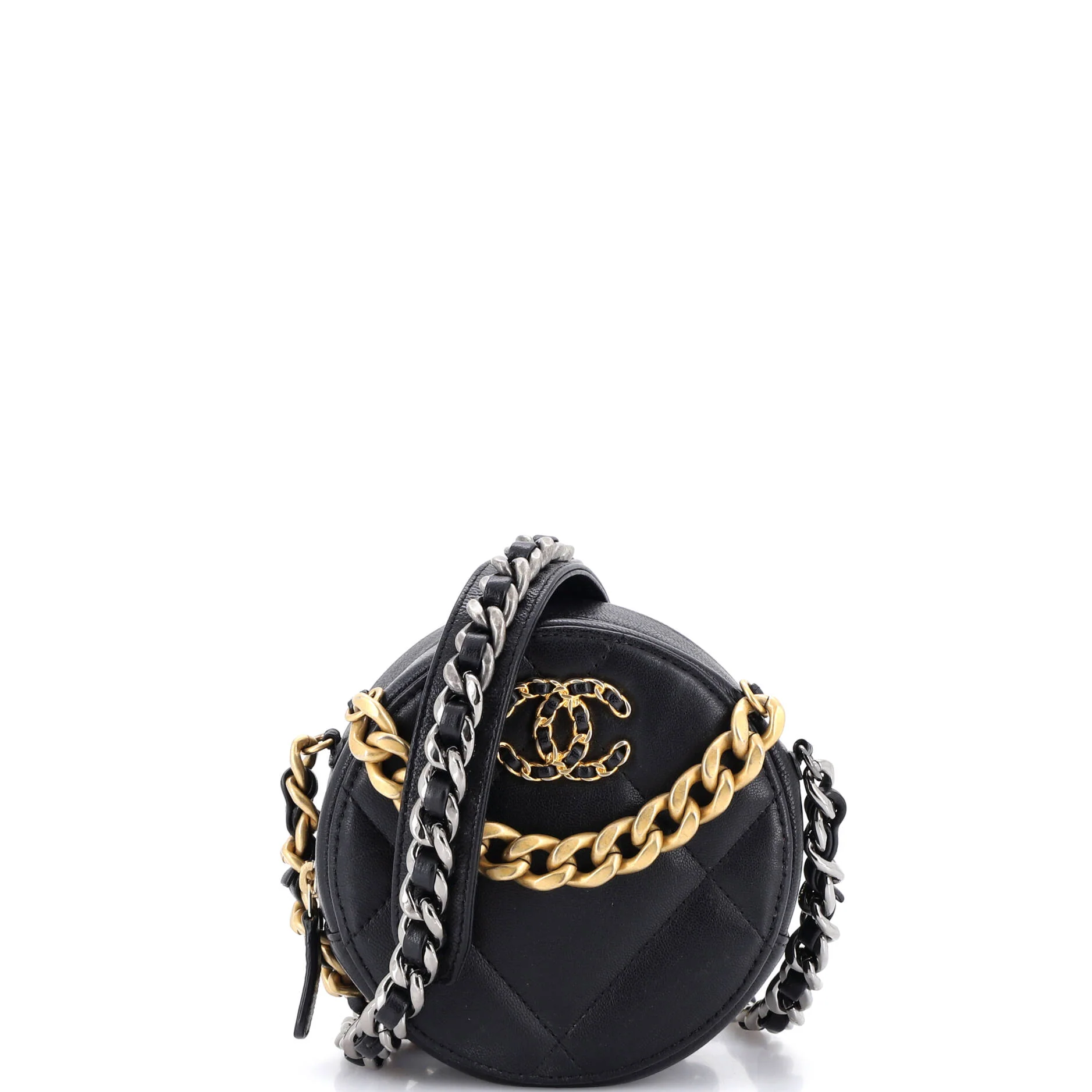19 Round Clutch with Chain Quilted Leather