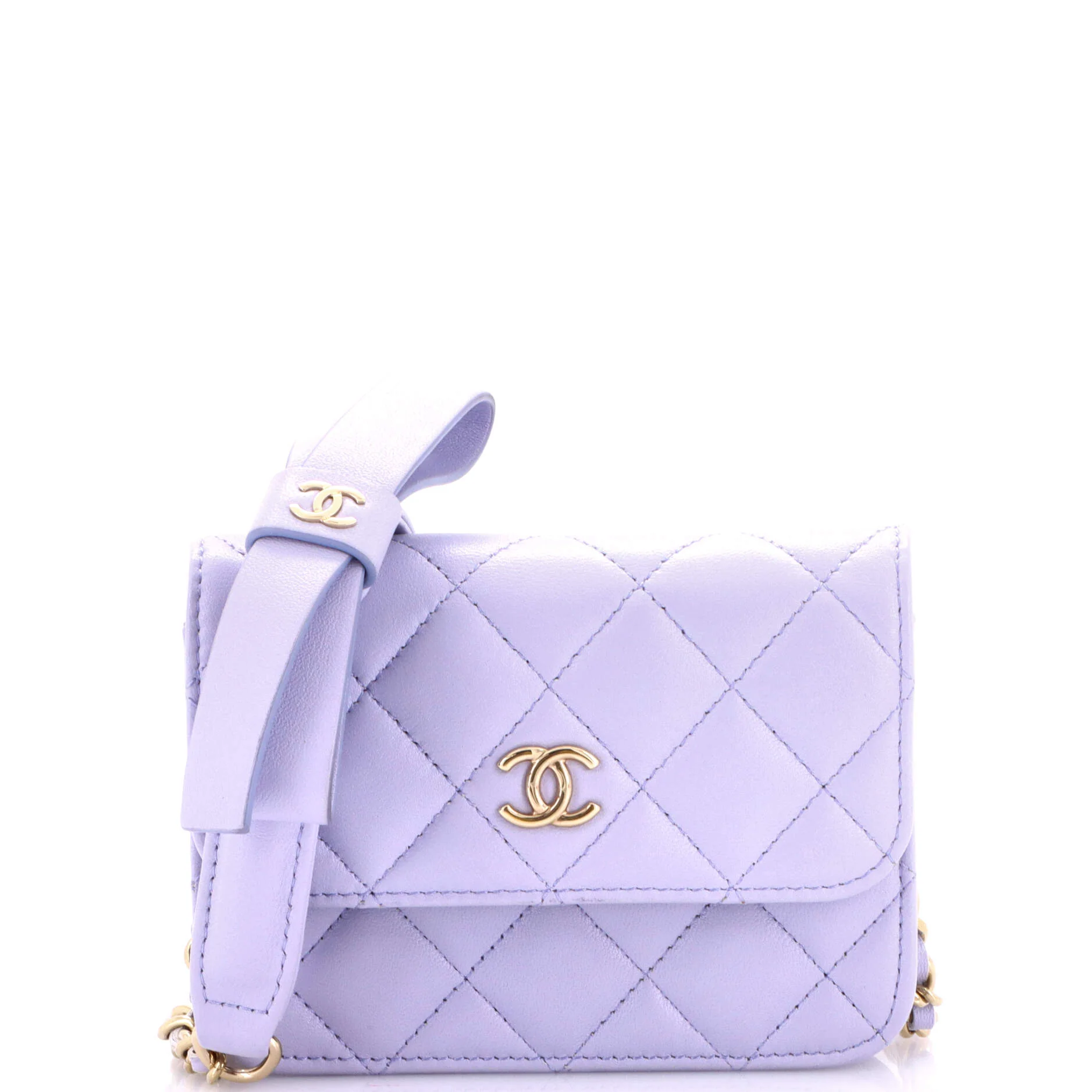 Bow Strap Card Holder on Chain Quilted Lambskin
