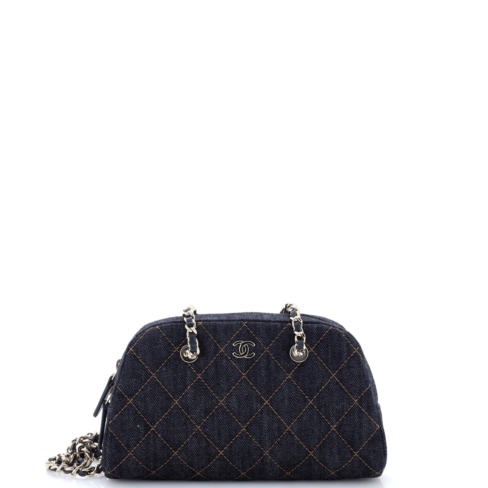 Bowling Clutch with Chain Quilted Denim