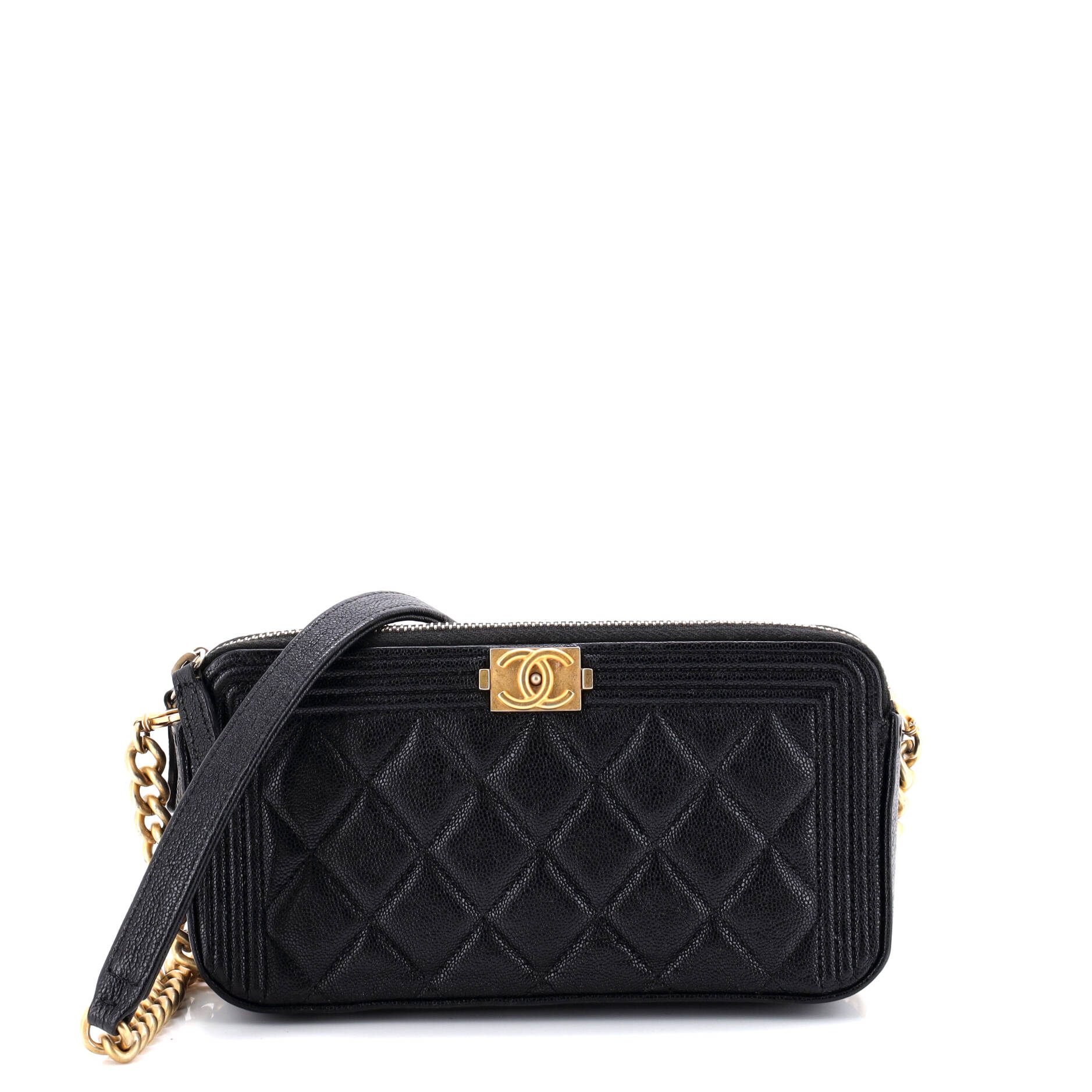 Boy Double Zip Clutch with Chain Quilted Caviar